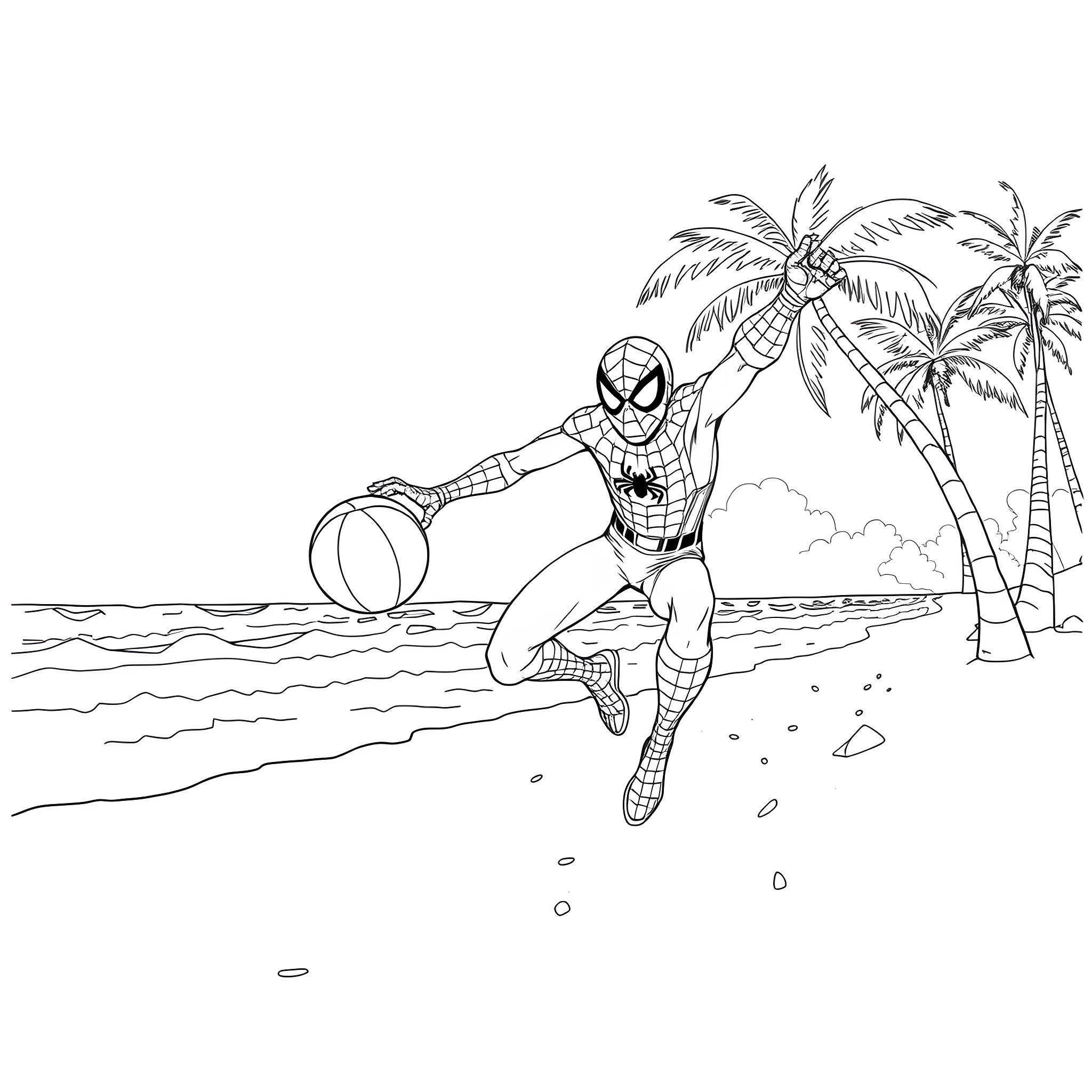 Spiderman's tropical beach adventure Coloring Page (free black-and-white line drawing printable PDF for all, from beginners to advanced learners, including children, teens, adults, and seniors)