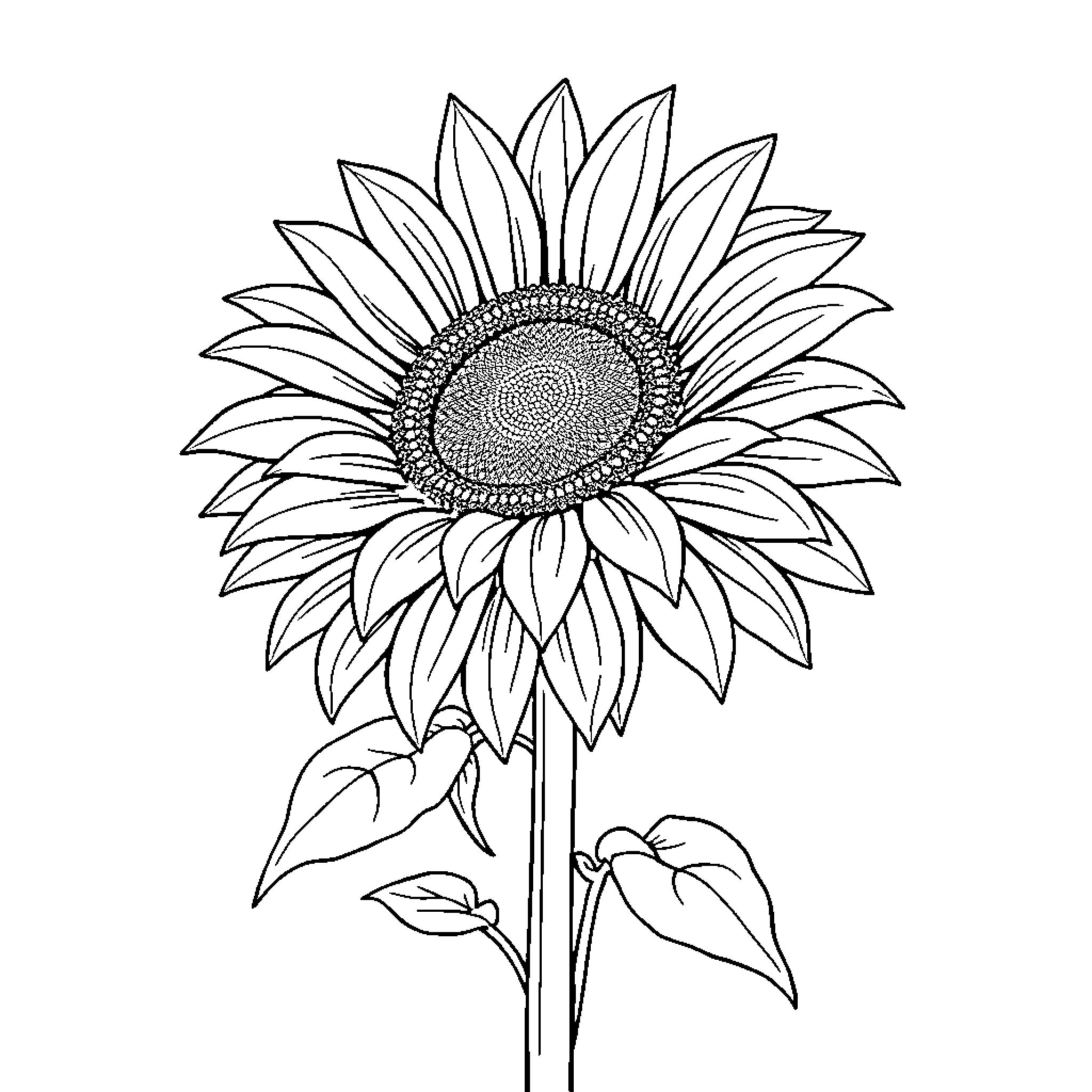 Sunflower in elegant black and white design Coloring Page (free black-and-white line drawing printable PDF for all, from beginners to advanced learners, including children, teens, adults, and seniors)