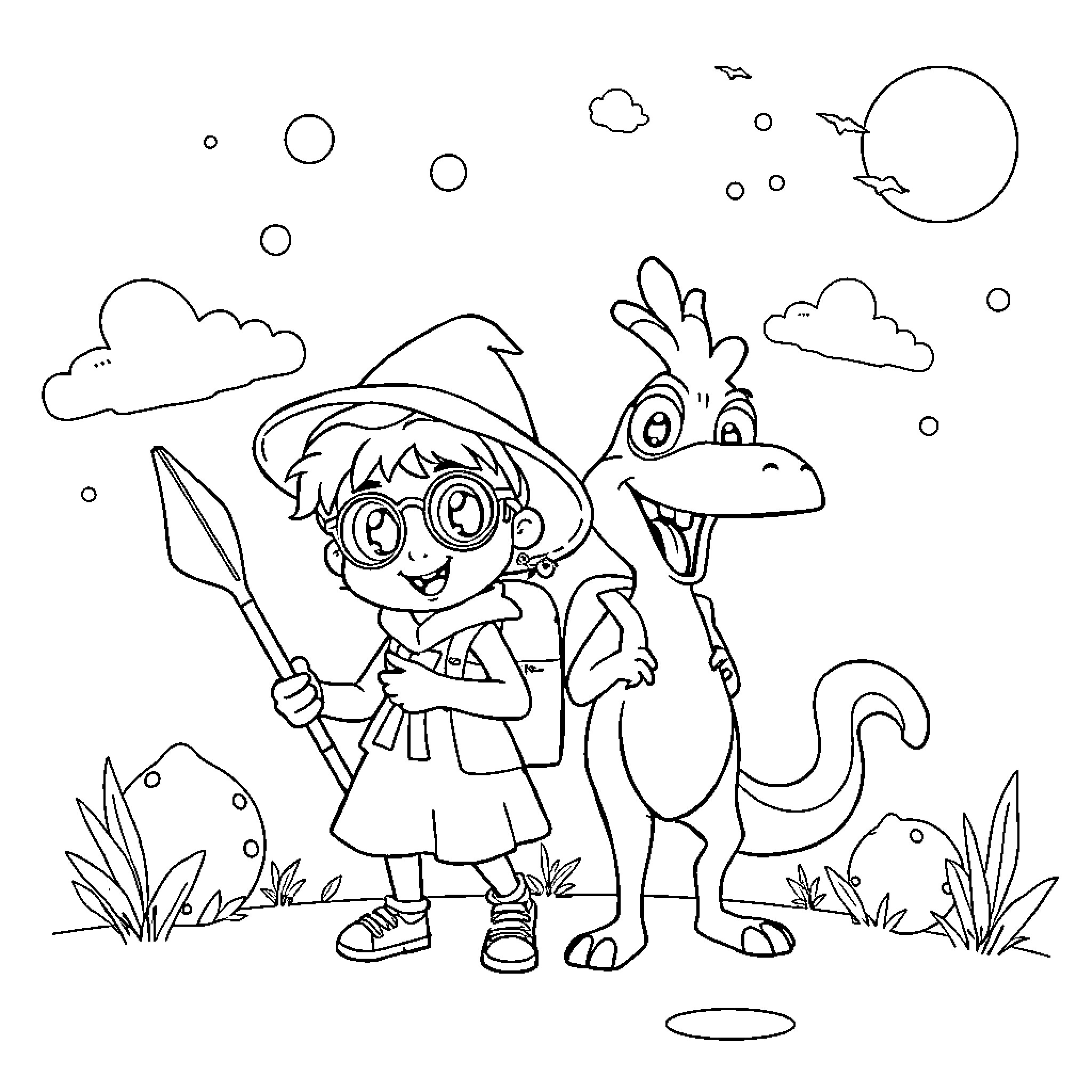Kid and pet dinosaur enjoying outdoor adventure Coloring Page (free black-and-white line drawing printable PDF for all, from beginners to advanced learners, including children, teens, adults, and seniors)