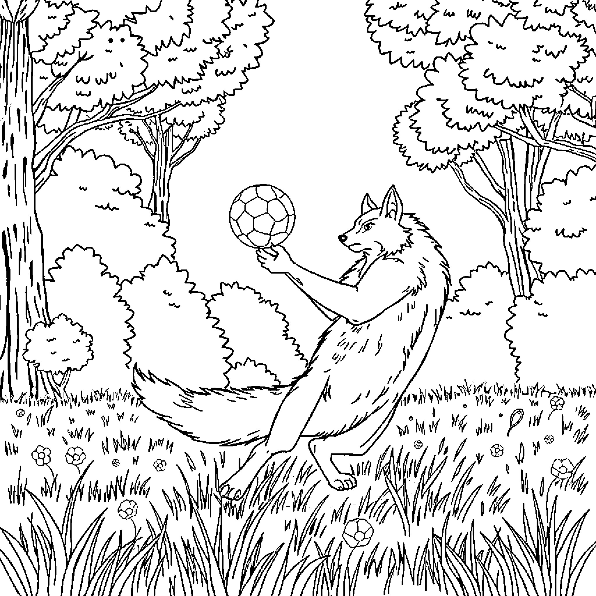 Zorro the wolf playing with a soccer ball in the forest Coloring Page (free black-and-white line drawing printable PDF for all, from beginners to advanced learners, including children, teens, adults, and seniors)