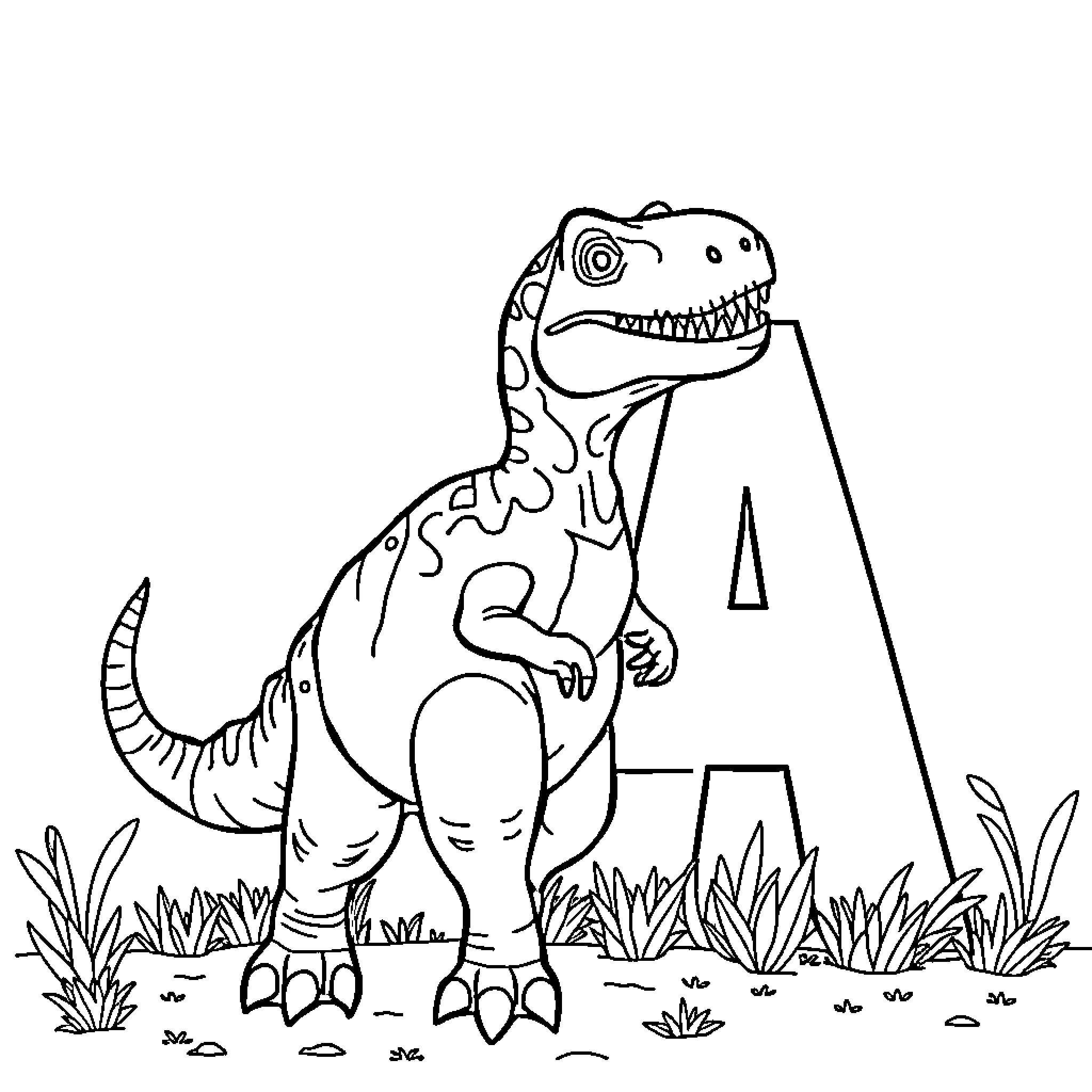 Dinosaur standing in grassy field Coloring Page (free black-and-white line drawing printable PDF for all, from beginners to advanced learners, including children, teens, adults, and seniors)