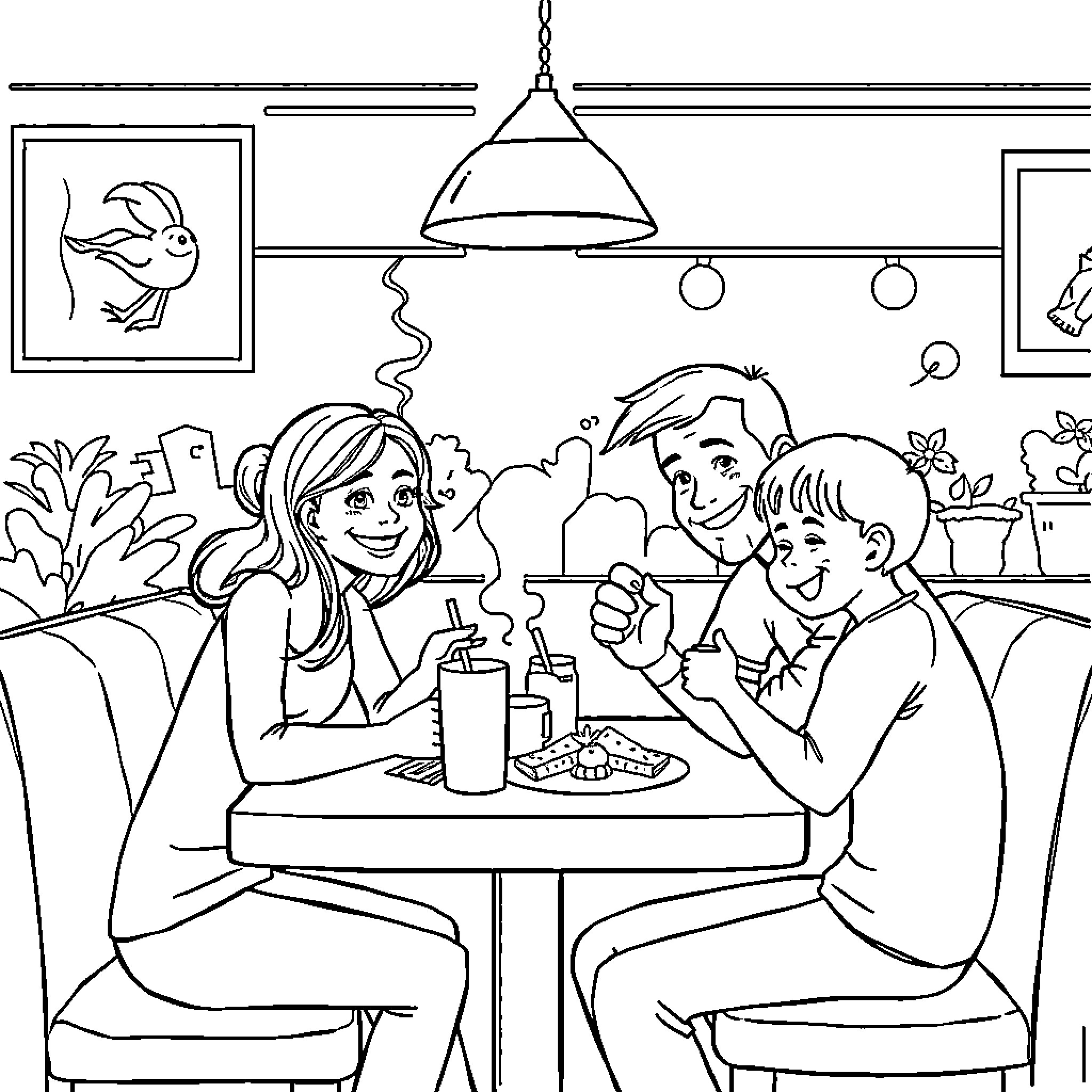 Family Guy Enjoying a Casual Dinner Together Coloring Page (free black-and-white line drawing printable PDF for all, from beginners to advanced learners, including children, teens, adults, and seniors)