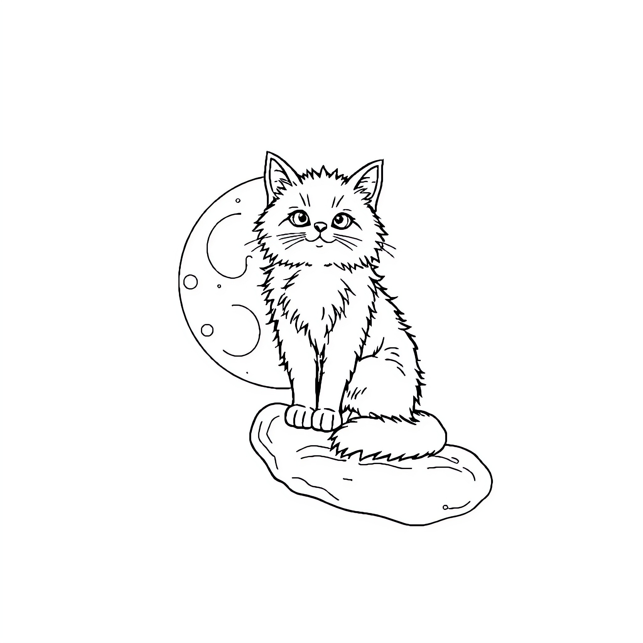 Cat gazing at the moon Coloring Page (free black-and-white line drawing printable PDF for all, from beginners to advanced learners, including children, teens, adults, and seniors)