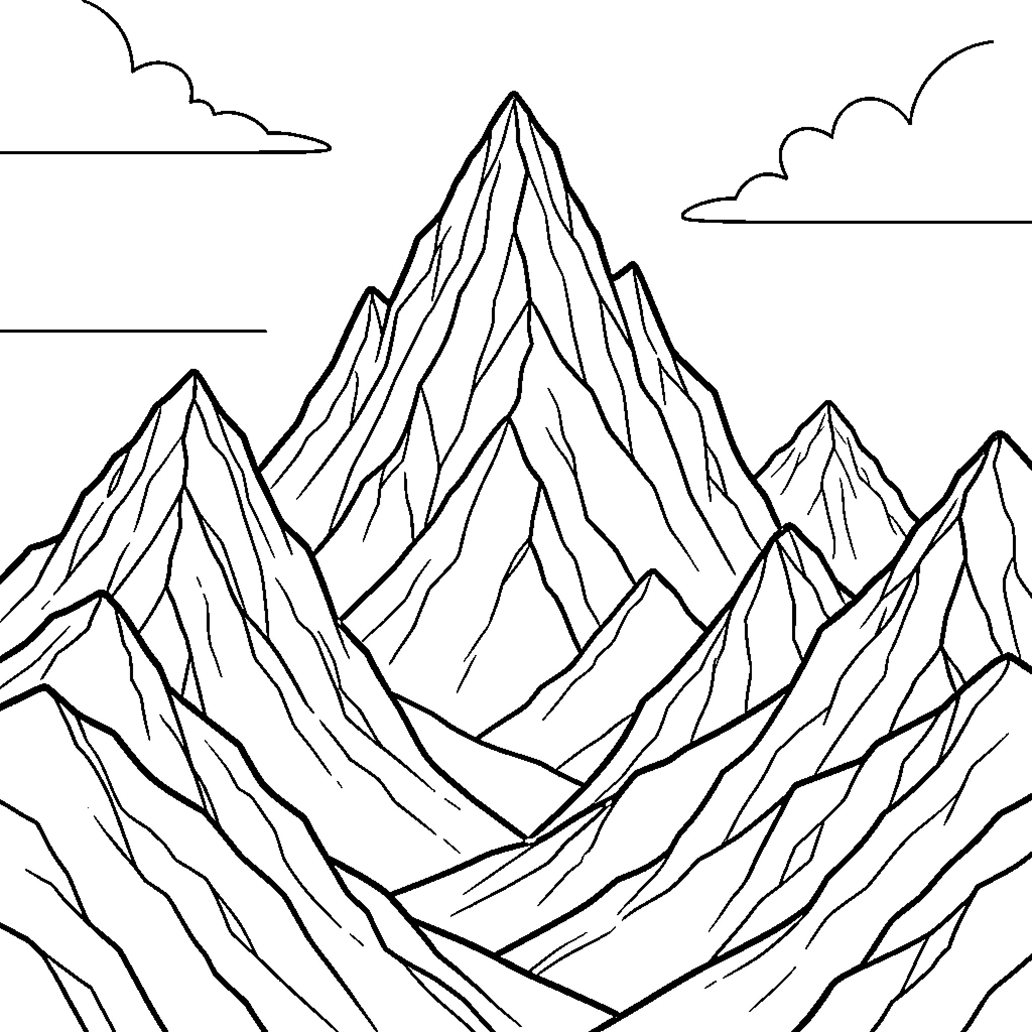 Mountain peaks standing tall under a cloudy sky Coloring Page (free black-and-white line drawing printable PDF for all, from beginners to advanced learners, including children, teens, adults, and seniors)