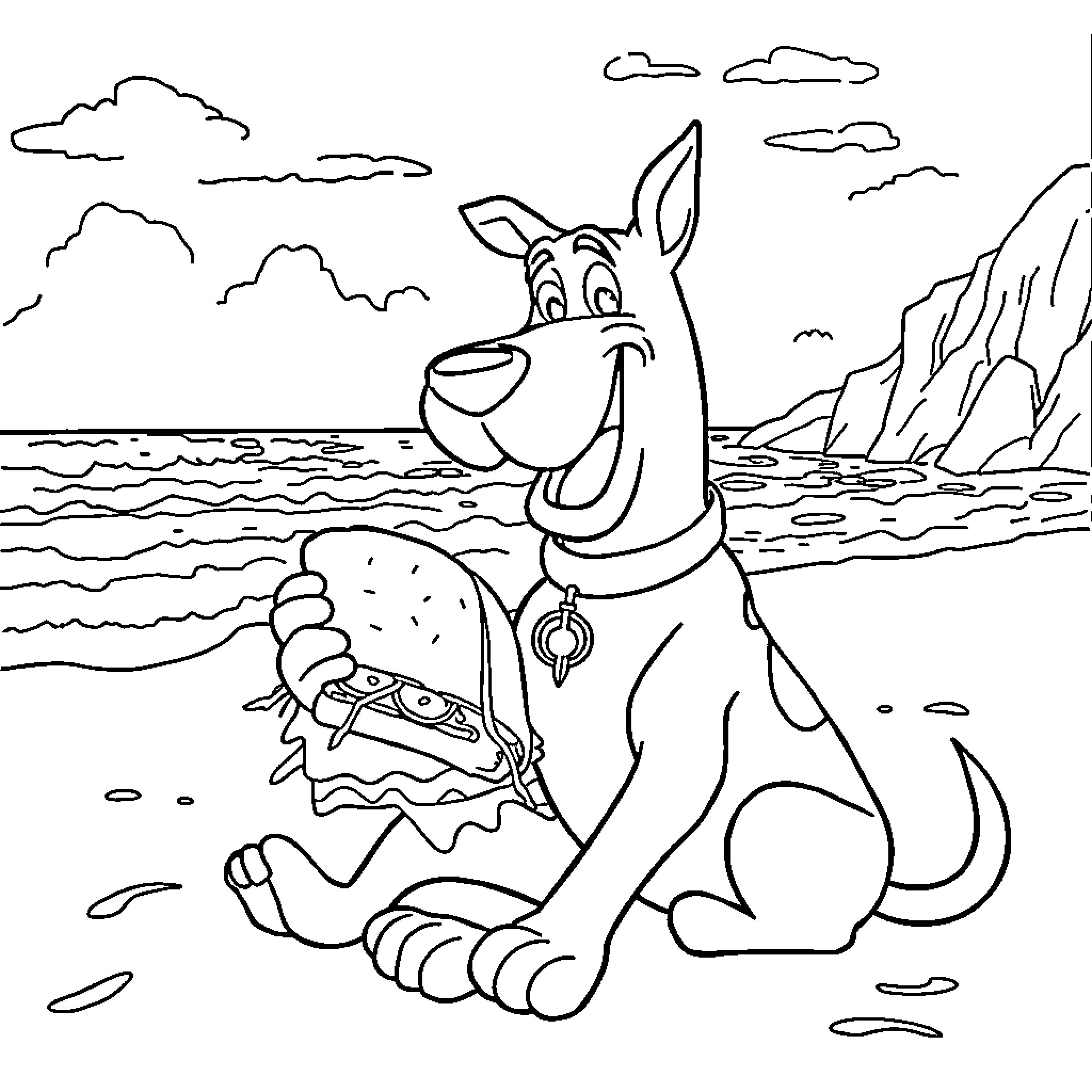 Scooby Doo enjoying a tasty treat on the beach Coloring Page (free black-and-white line drawing printable PDF for all, from beginners to advanced learners, including children, teens, adults, and seniors)