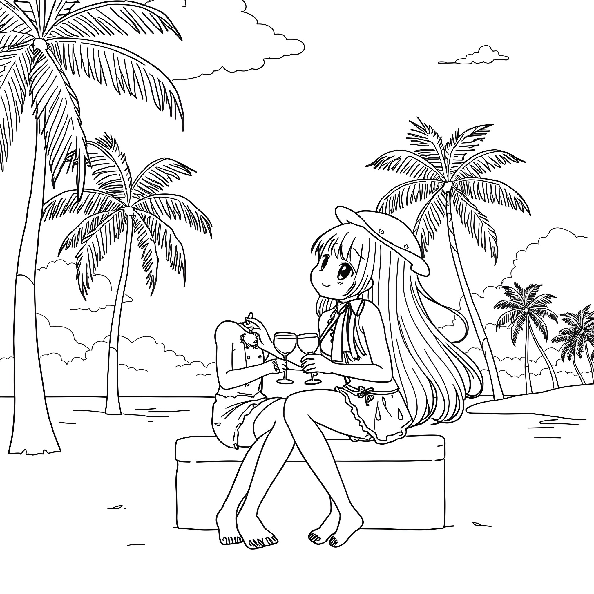 Kuromi relaxing on the beach with drinks Coloring Page (free black-and-white line drawing printable PDF for all, from beginners to advanced learners, including children, teens, adults, and seniors)