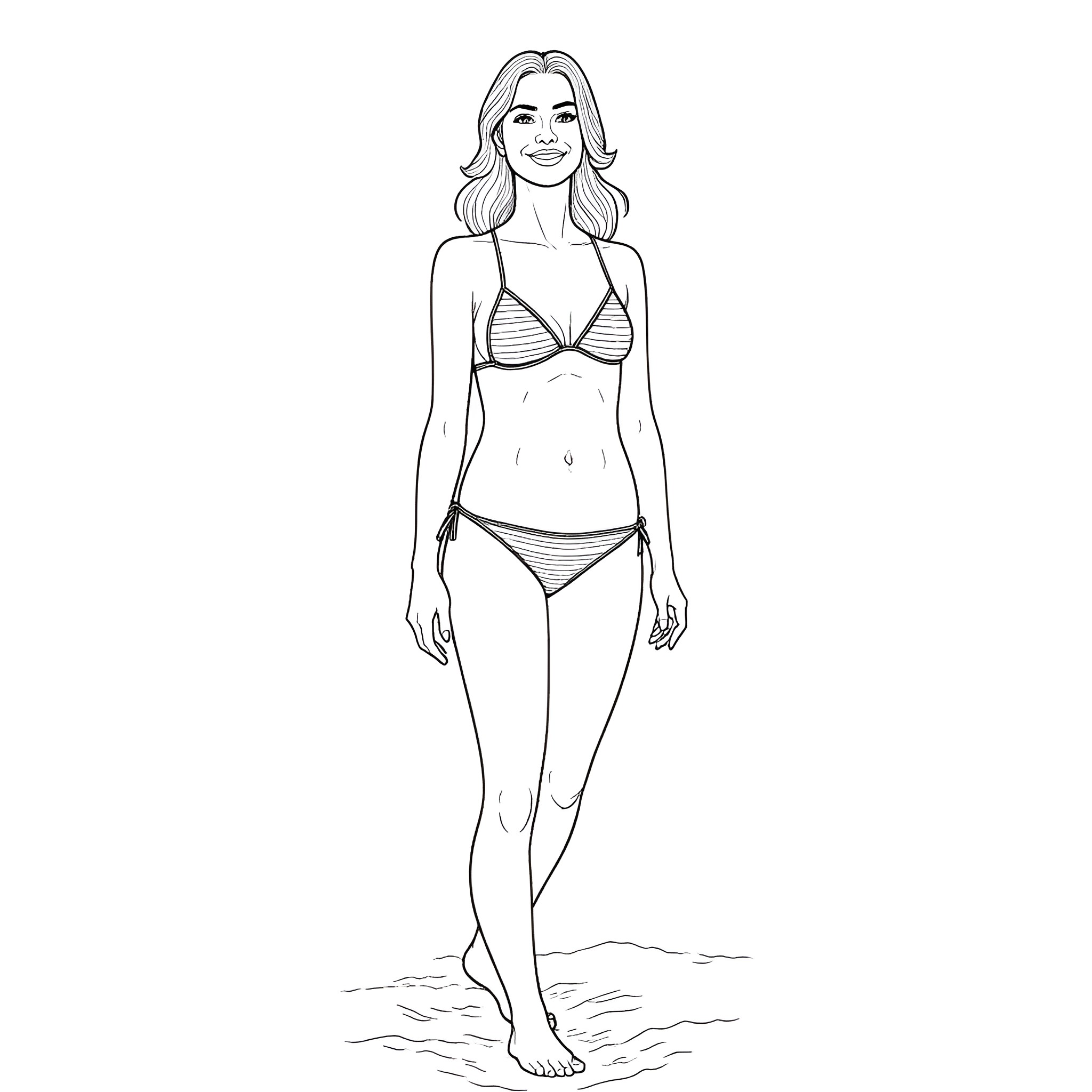 Woman in bikini standing on beach Coloring Page (free black-and-white line drawing printable PDF for all, from beginners to advanced learners, including children, teens, adults, and seniors)