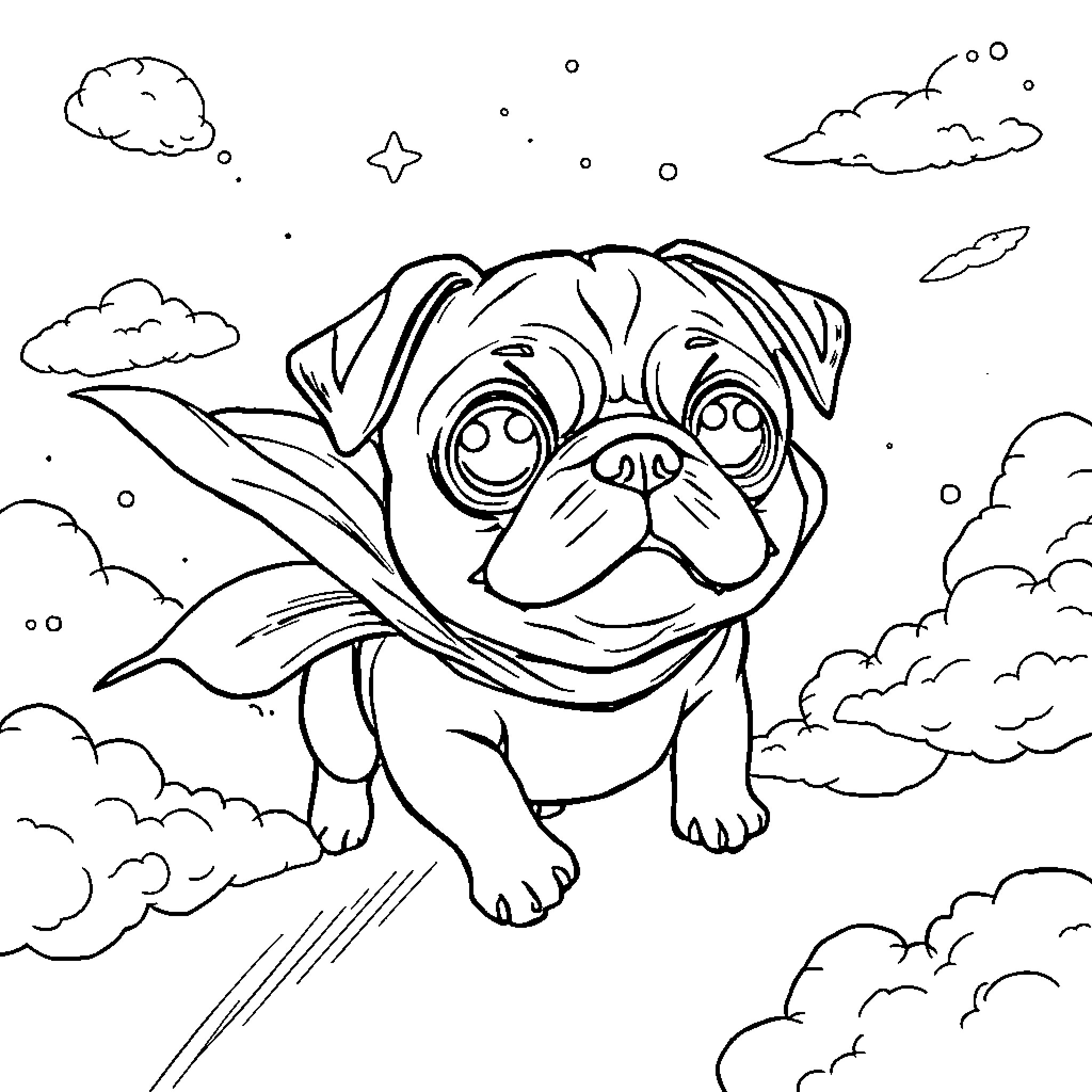 Pug dog with superhero cape flying in the sky Coloring Page (free black-and-white line drawing printable PDF for all, from beginners to advanced learners, including children, teens, adults, and seniors)