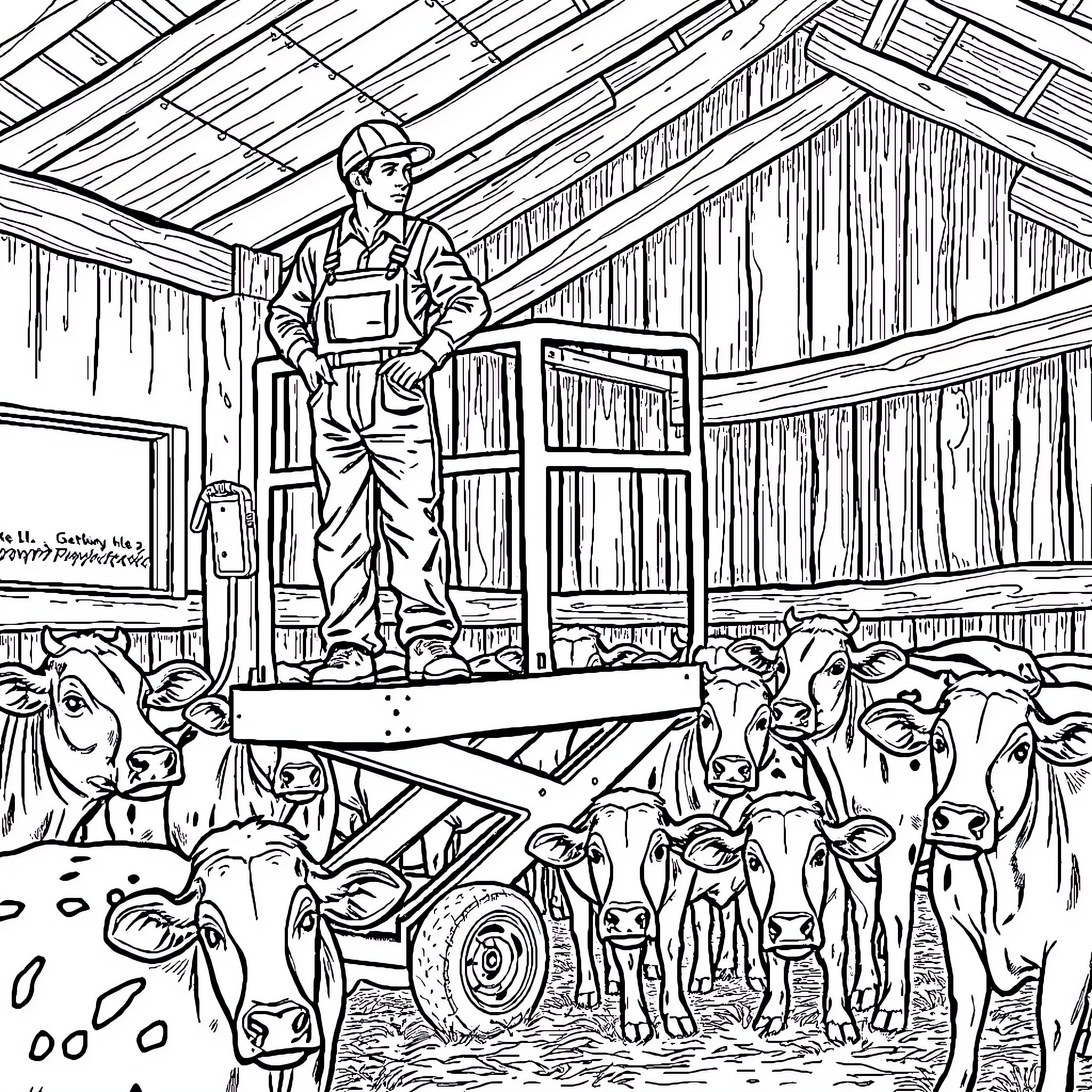 Worker tending to cattle in rustic barn Coloring Page (free black-and-white line drawing printable PDF for all, from beginners to advanced learners, including children, teens, adults, and seniors)