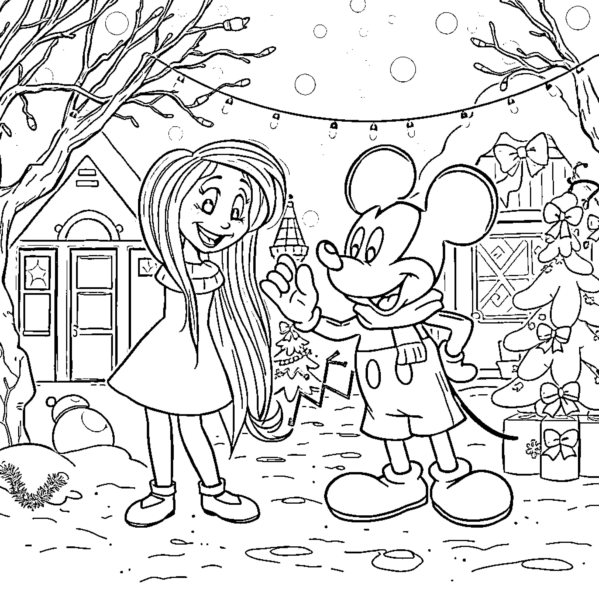 Coraline's Enchanted Encounter with Mickey Mouse Coloring Page (free black-and-white line drawing printable PDF for all, from beginners to advanced learners, including children, teens, adults, and seniors)