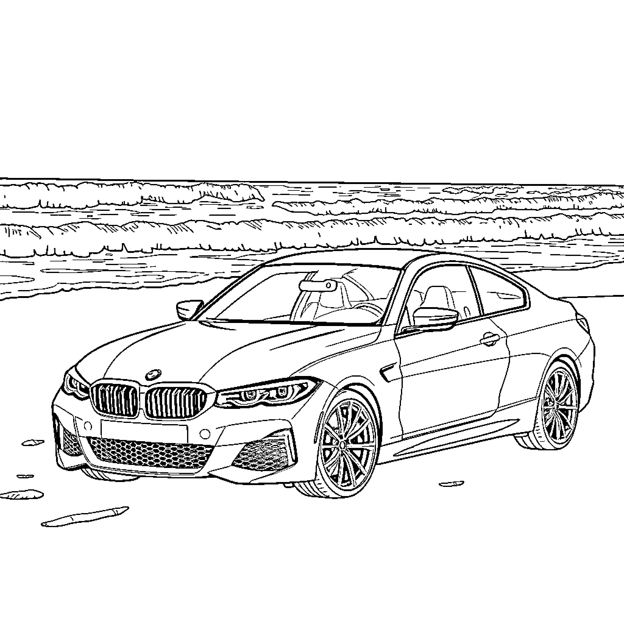 BMW M440i on the beach with ocean view Coloring Page (free black-and-white line drawing printable PDF for all, from beginners to advanced learners, including children, teens, adults, and seniors)