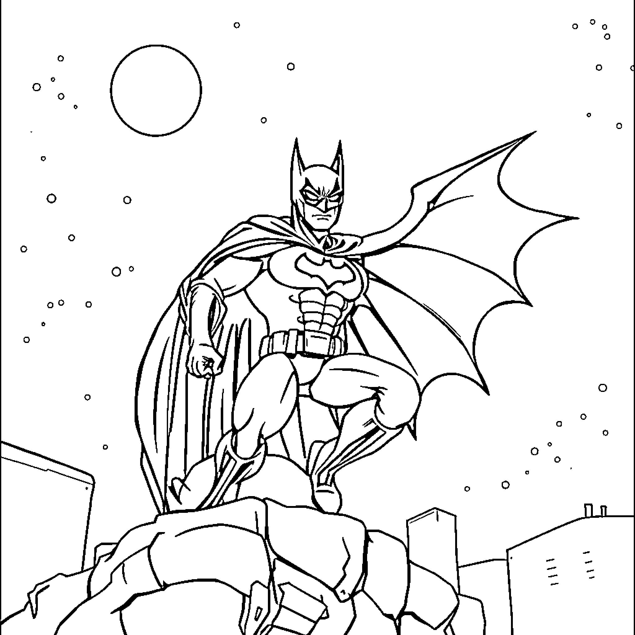 Bat Signal Shining on Caped Crusader Overlooking City Coloring Page (free black-and-white line drawing printable PDF for all, from beginners to advanced learners, including children, teens, adults, and seniors)