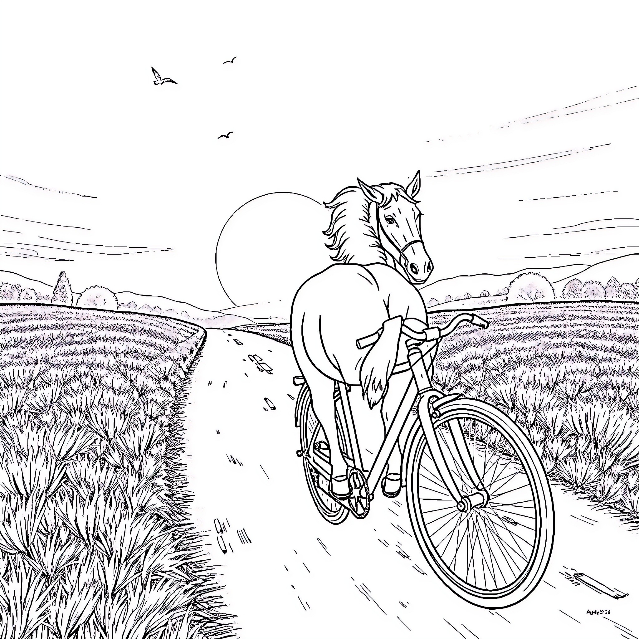 Pferd riding bicycle through countryside landscape Coloring Page (free black-and-white line drawing printable PDF for all, from beginners to advanced learners, including children, teens, adults, and seniors)