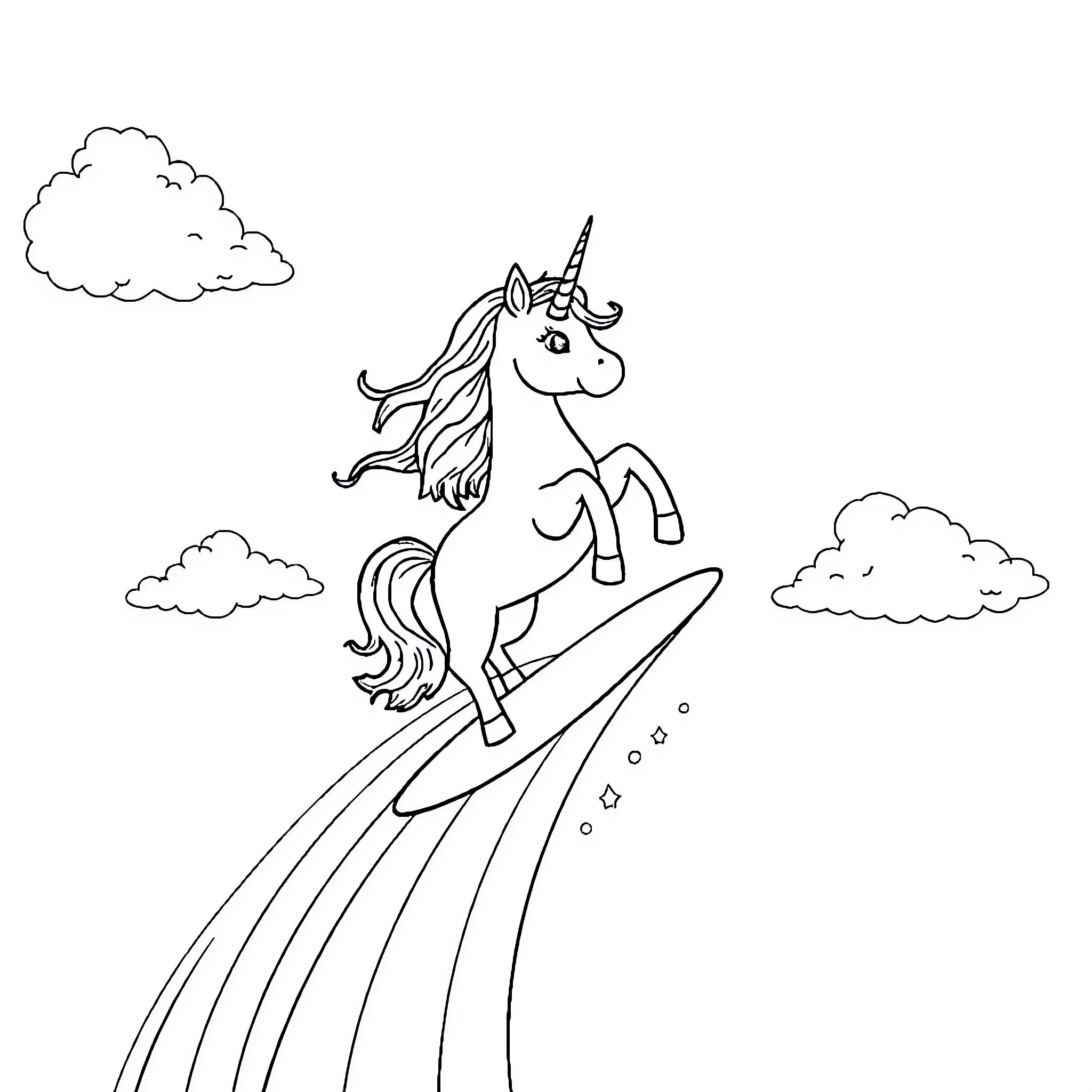 Unicorn surfing through the clouds Coloring Page (free black-and-white line drawing printable PDF for all, from beginners to advanced learners, including children, teens, adults, and seniors)