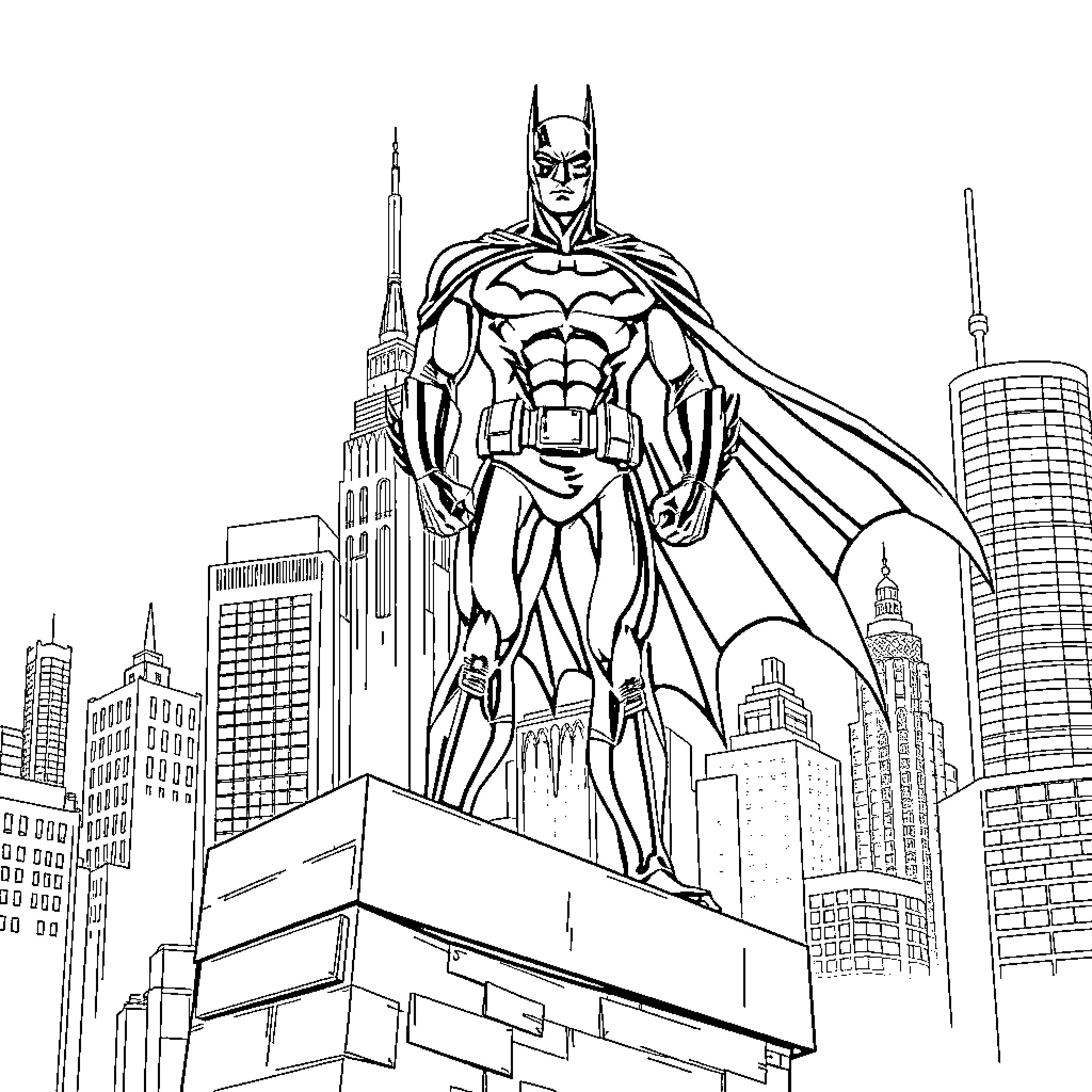 Batman Standing Tall Over the Cityscape Coloring Page (free black-and-white line drawing printable PDF for all, from beginners to advanced learners, including children, teens, adults, and seniors)