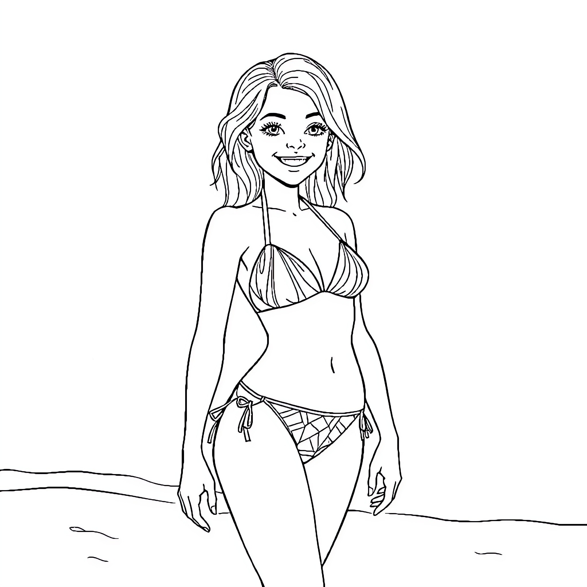 Girl in Swimwear Posing Happily Coloring Page (free black-and-white line drawing printable PDF for all, from beginners to advanced learners, including children, teens, adults, and seniors)