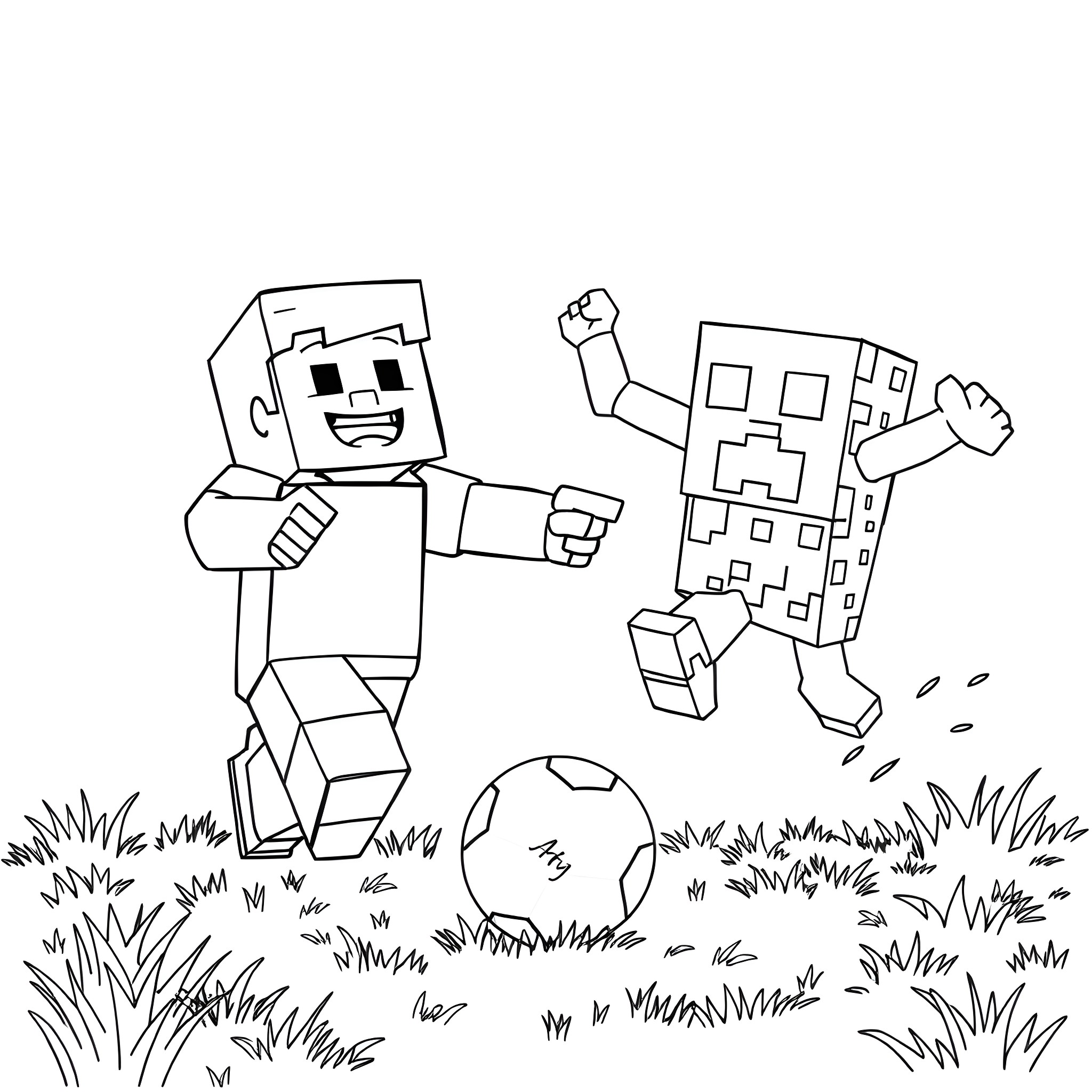 Minecraft Steve playing with Creeper on grassy field Coloring Page (free black-and-white line drawing printable PDF for all, from beginners to advanced learners, including children, teens, adults, and seniors)