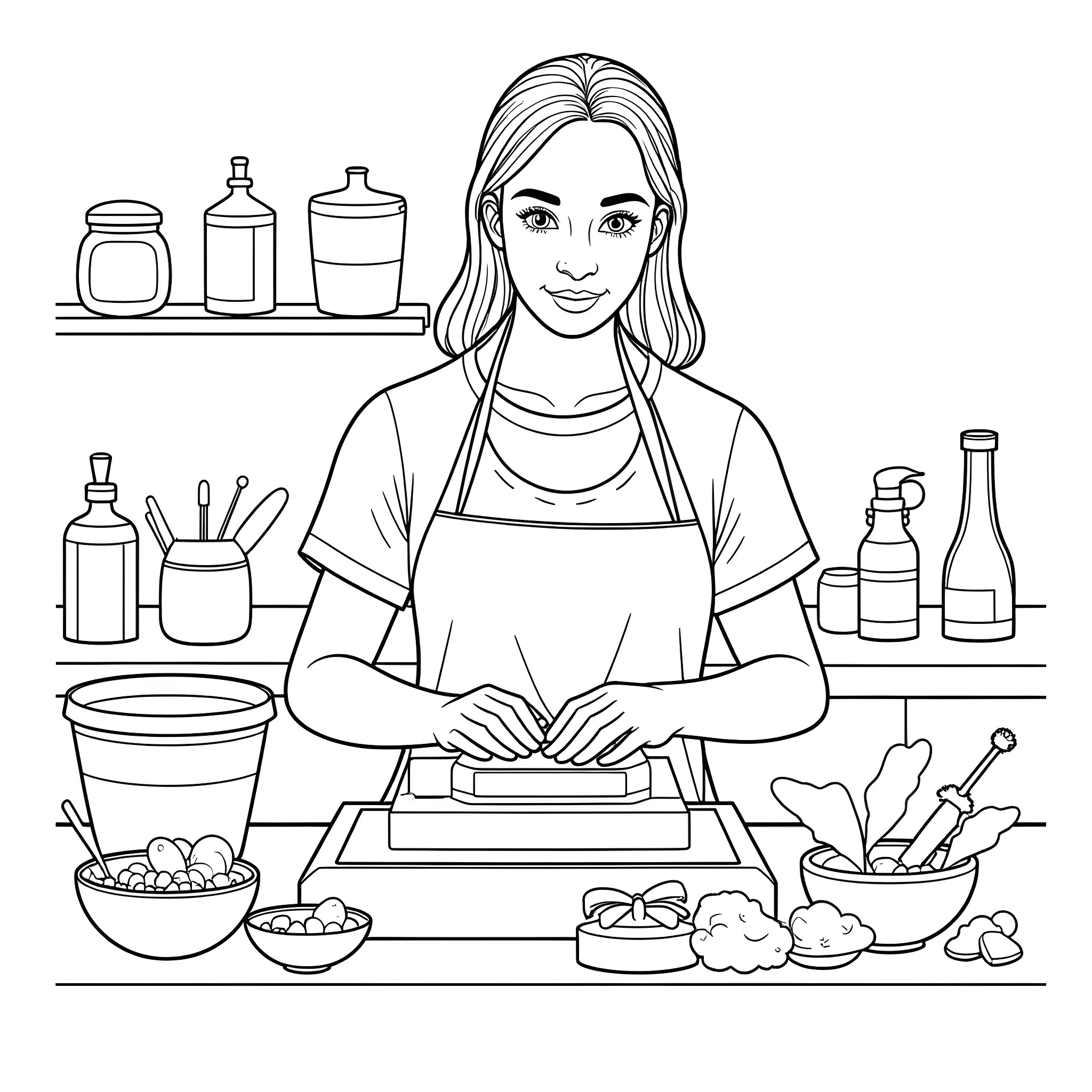 Lady Preparing Tasty Meal in the Kitchen Coloring Page (free black-and-white line drawing printable PDF for all, from beginners to advanced learners, including children, teens, adults, and seniors)