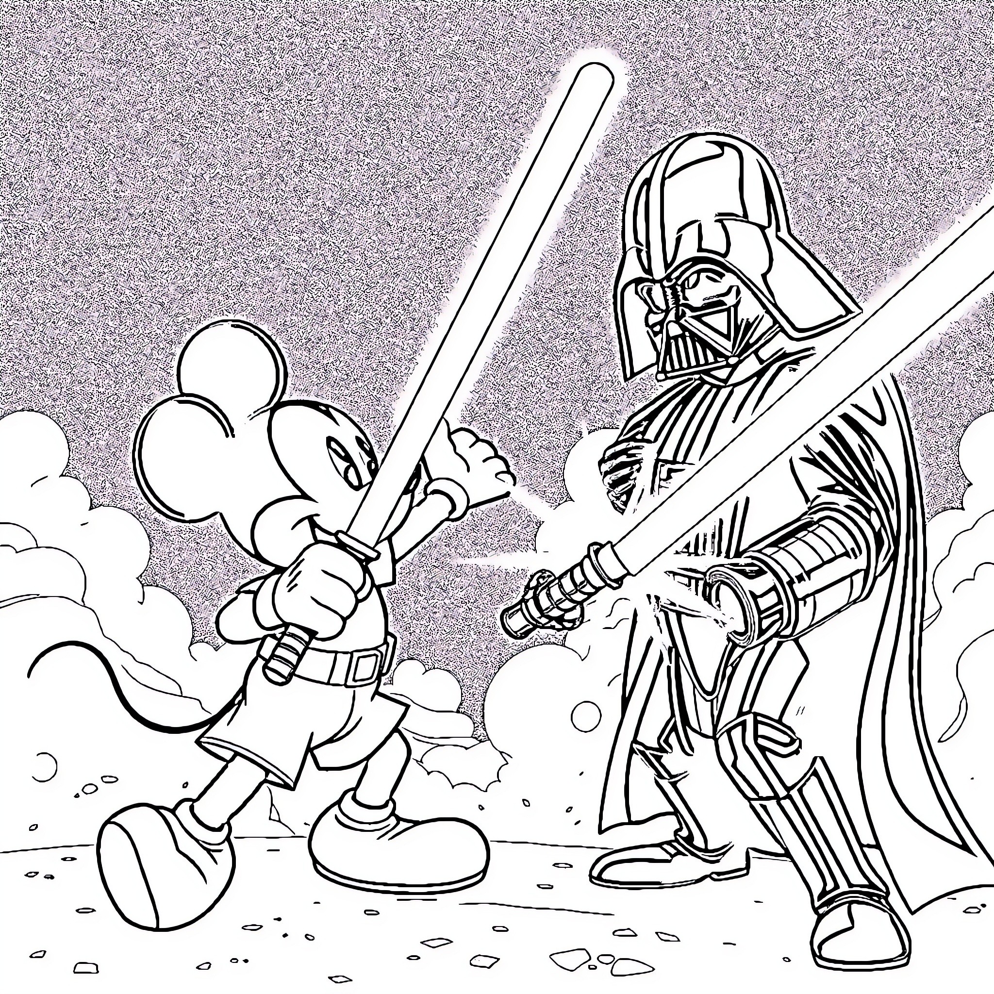 Mickey Mouse battles Darth Vader in an epic duel Coloring Page (free black-and-white line drawing printable PDF for all, from beginners to advanced learners, including children, teens, adults, and seniors)