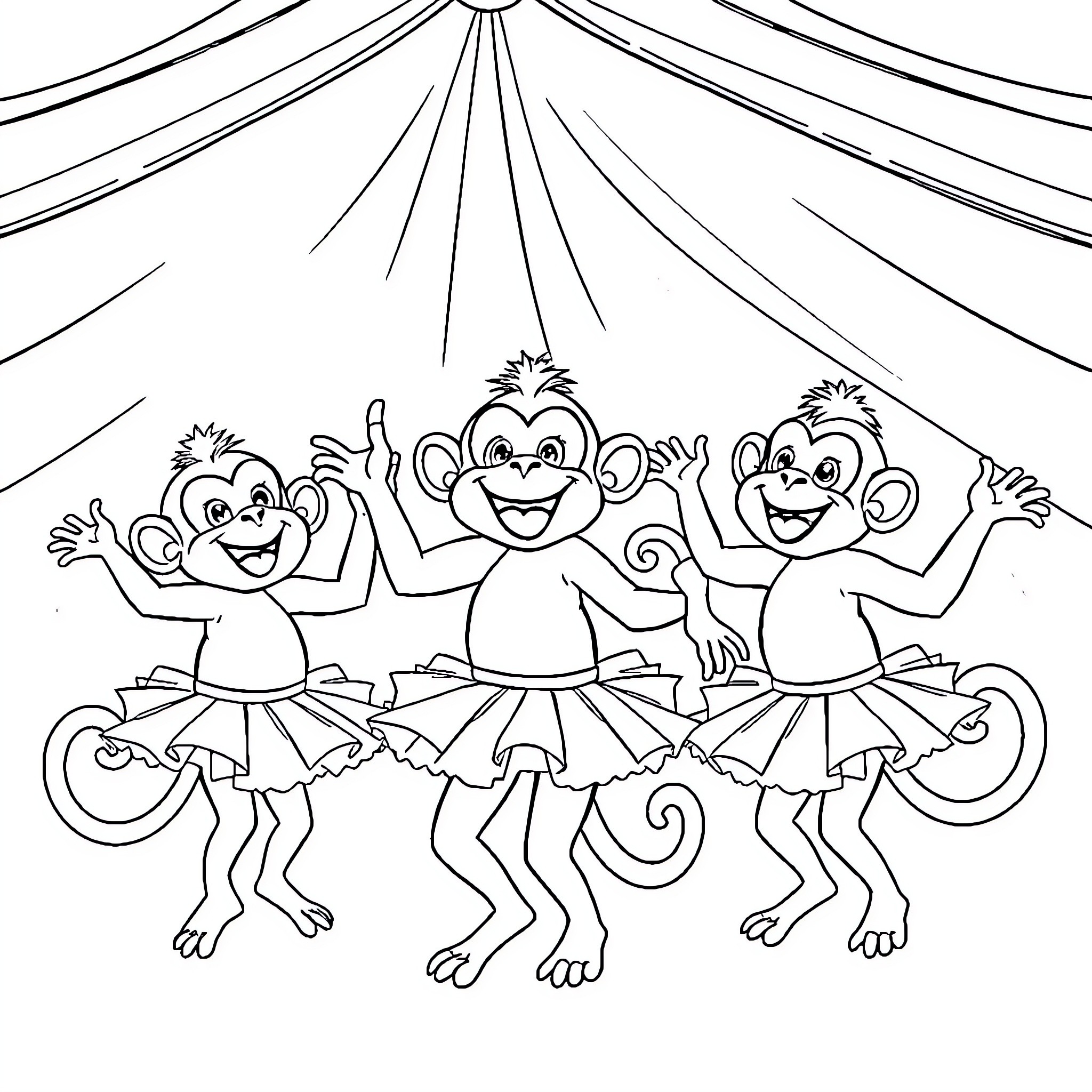 Monkeys dancing joyfully in the spotlight Coloring Page (free black-and-white line drawing printable PDF for all, from beginners to advanced learners, including children, teens, adults, and seniors)