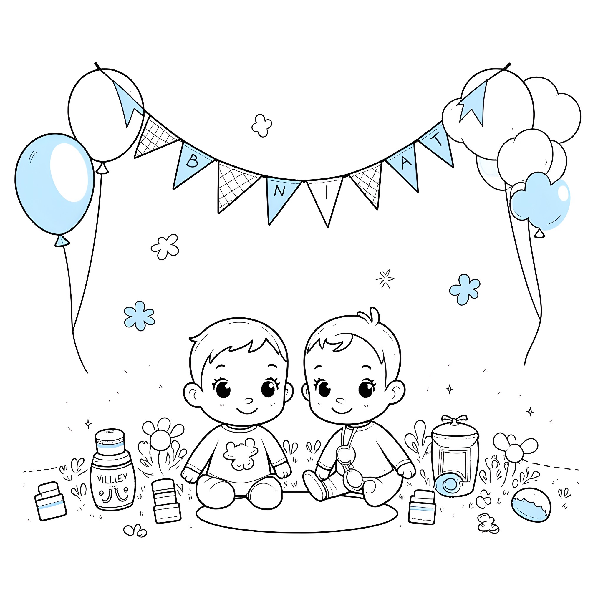 Twin boys playing with toys on decorated floor Coloring Page (free black-and-white line drawing printable PDF for all, from beginners to advanced learners, including children, teens, adults, and seniors)