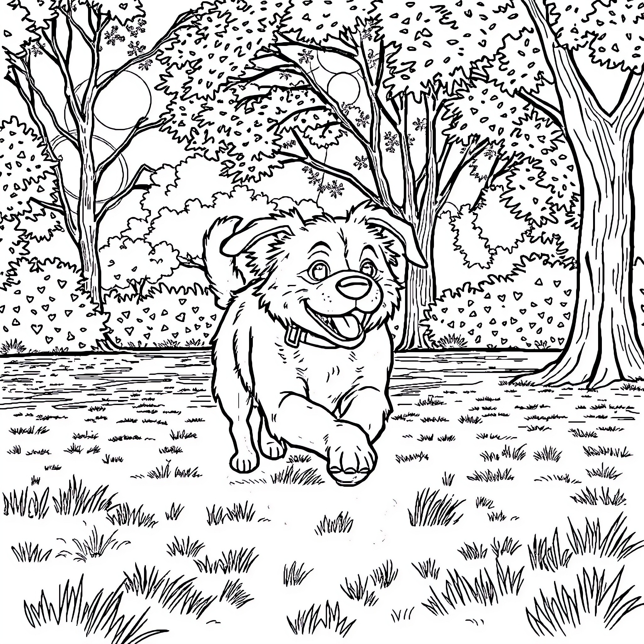 Dog playing happily in a forest scene Coloring Page (free black-and-white line drawing printable PDF for all, from beginners to advanced learners, including children, teens, adults, and seniors)