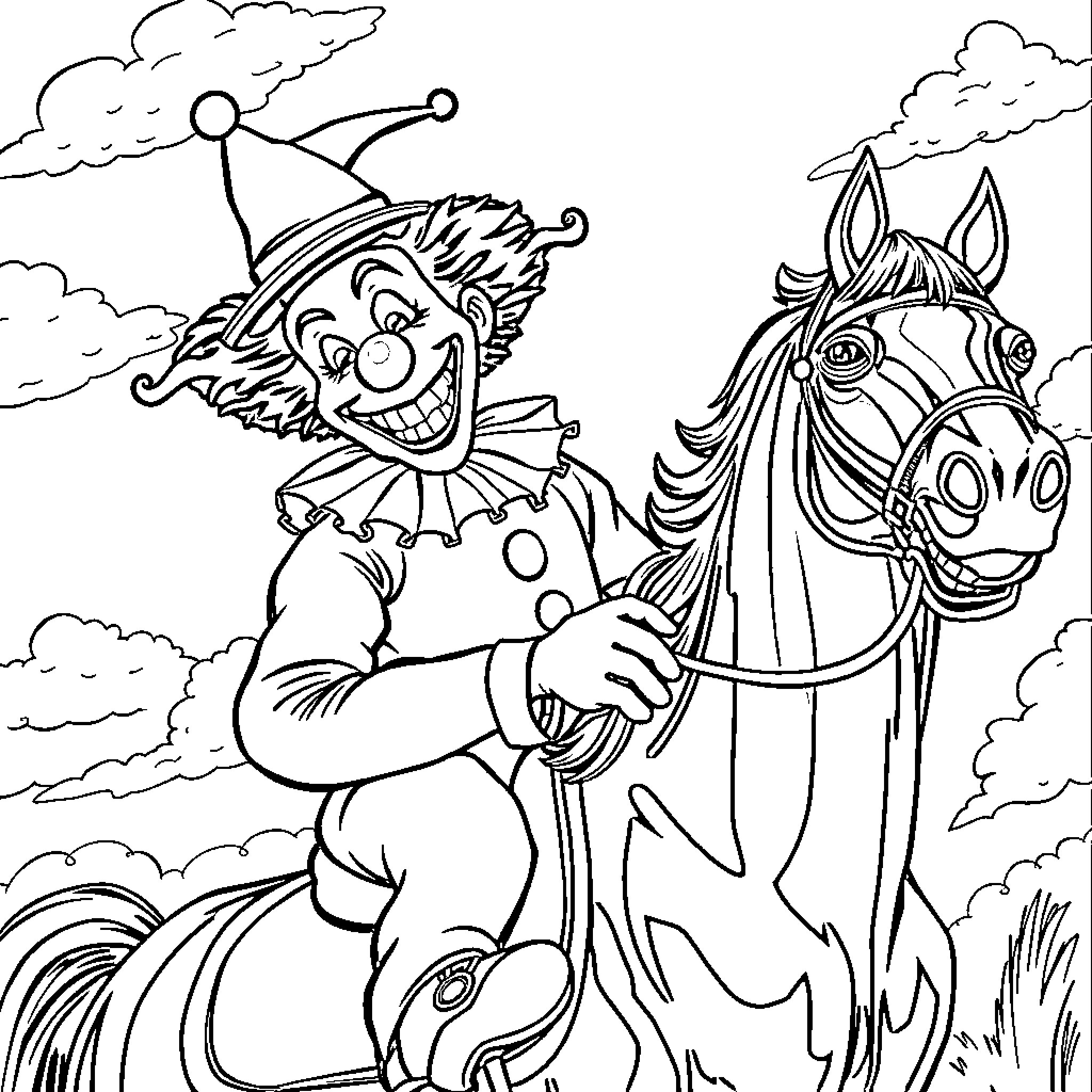 Art The Clown rides a whimsical horse in the clouds Coloring Page (free black-and-white line drawing printable PDF for all, from beginners to advanced learners, including children, teens, adults, and seniors)