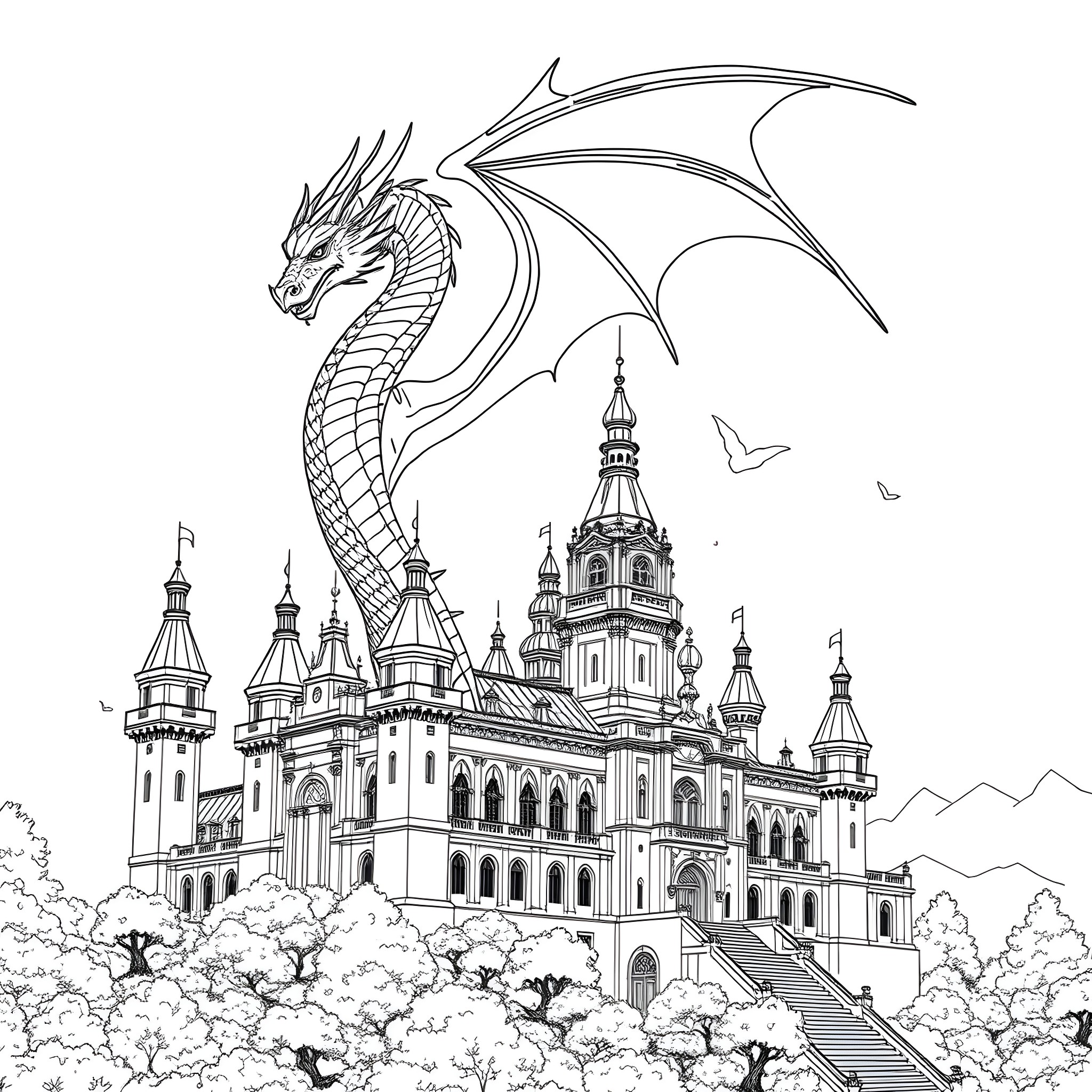Dragon flying over a fantastical castle Coloring Page (free black-and-white line drawing printable PDF for all, from beginners to advanced learners, including children, teens, adults, and seniors)