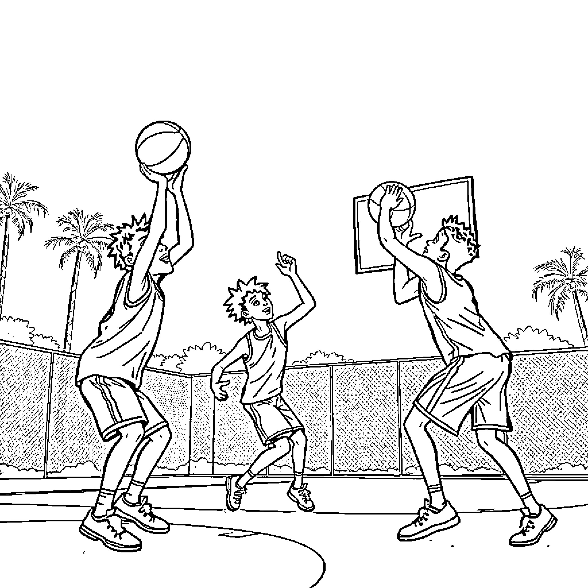 Saja Boy playing basketball with friends Coloring Page (free black-and-white line drawing printable PDF for all, from beginners to advanced learners, including children, teens, adults, and seniors)