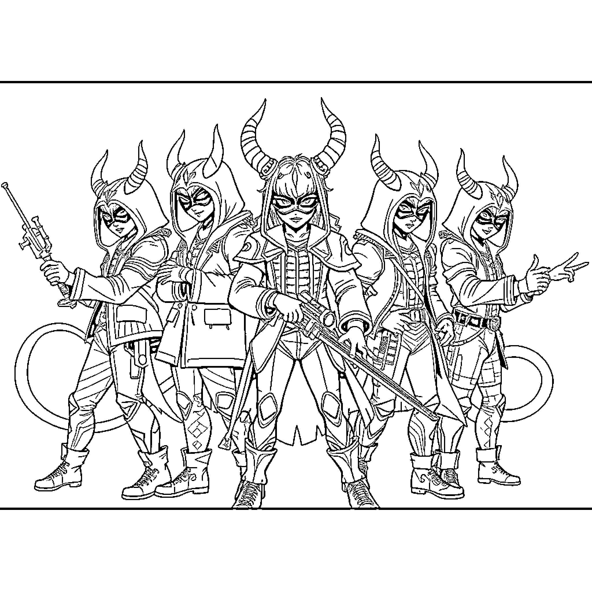 Demon Hunter Squad in Fierce Combat Gear Coloring Page (free black-and-white line drawing printable PDF for all, from beginners to advanced learners, including children, teens, adults, and seniors)