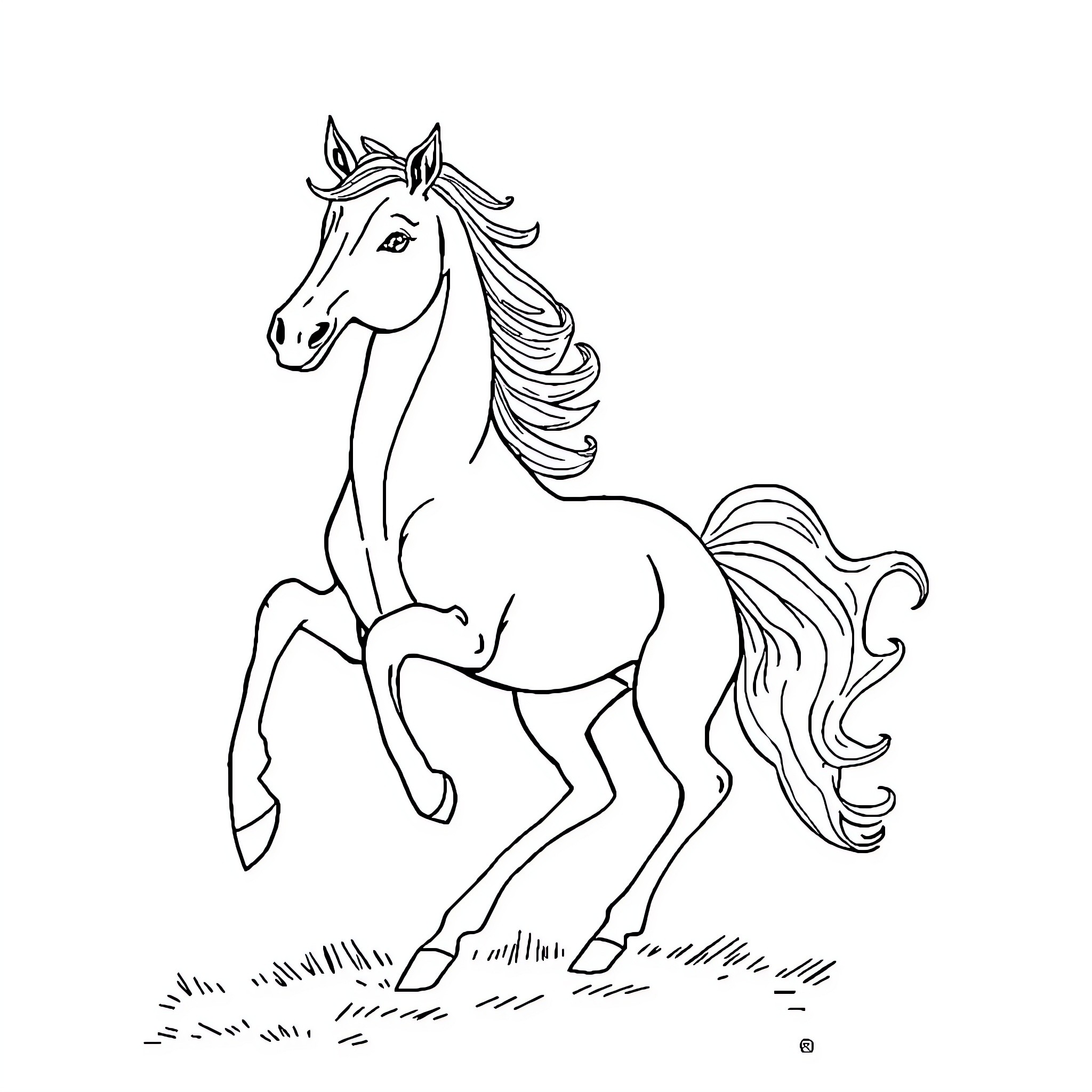 Tasse - Graceful horse in motion Coloring Page (free black-and-white line drawing printable PDF for all, from beginners to advanced learners, including children, teens, adults, and seniors)
