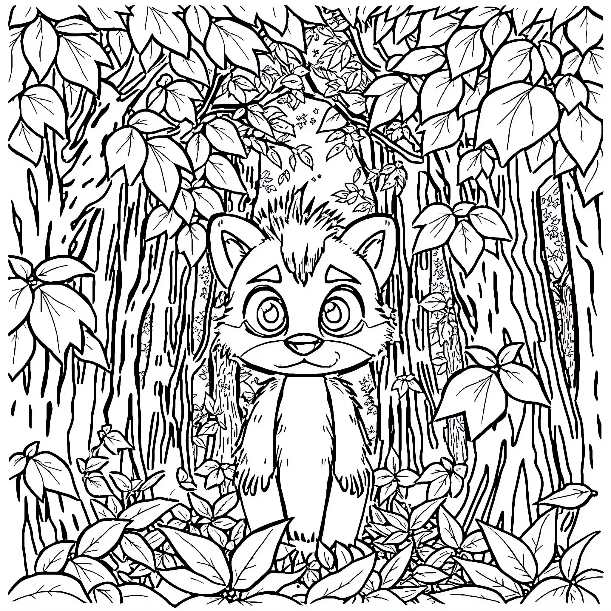 Manga Character in Lush Forested Scene Coloring Page (free black-and-white line drawing printable PDF for all, from beginners to advanced learners, including children, teens, adults, and seniors)