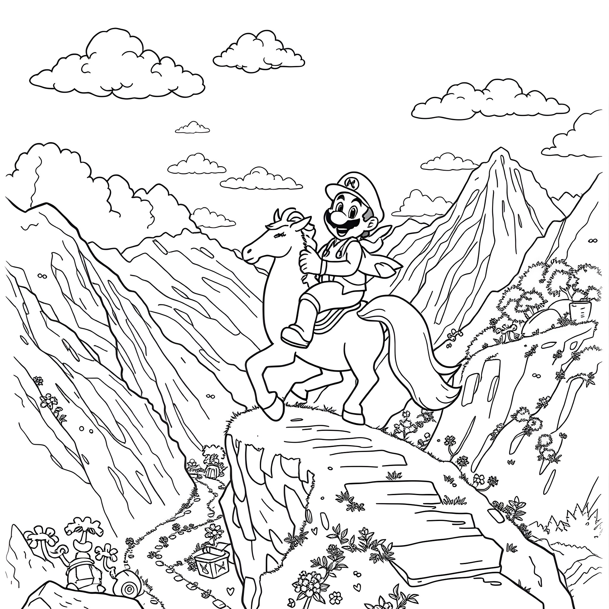 Mario riding a Yoshi through the mountains Coloring Page (free black-and-white line drawing printable PDF for all, from beginners to advanced learners, including children, teens, adults, and seniors)