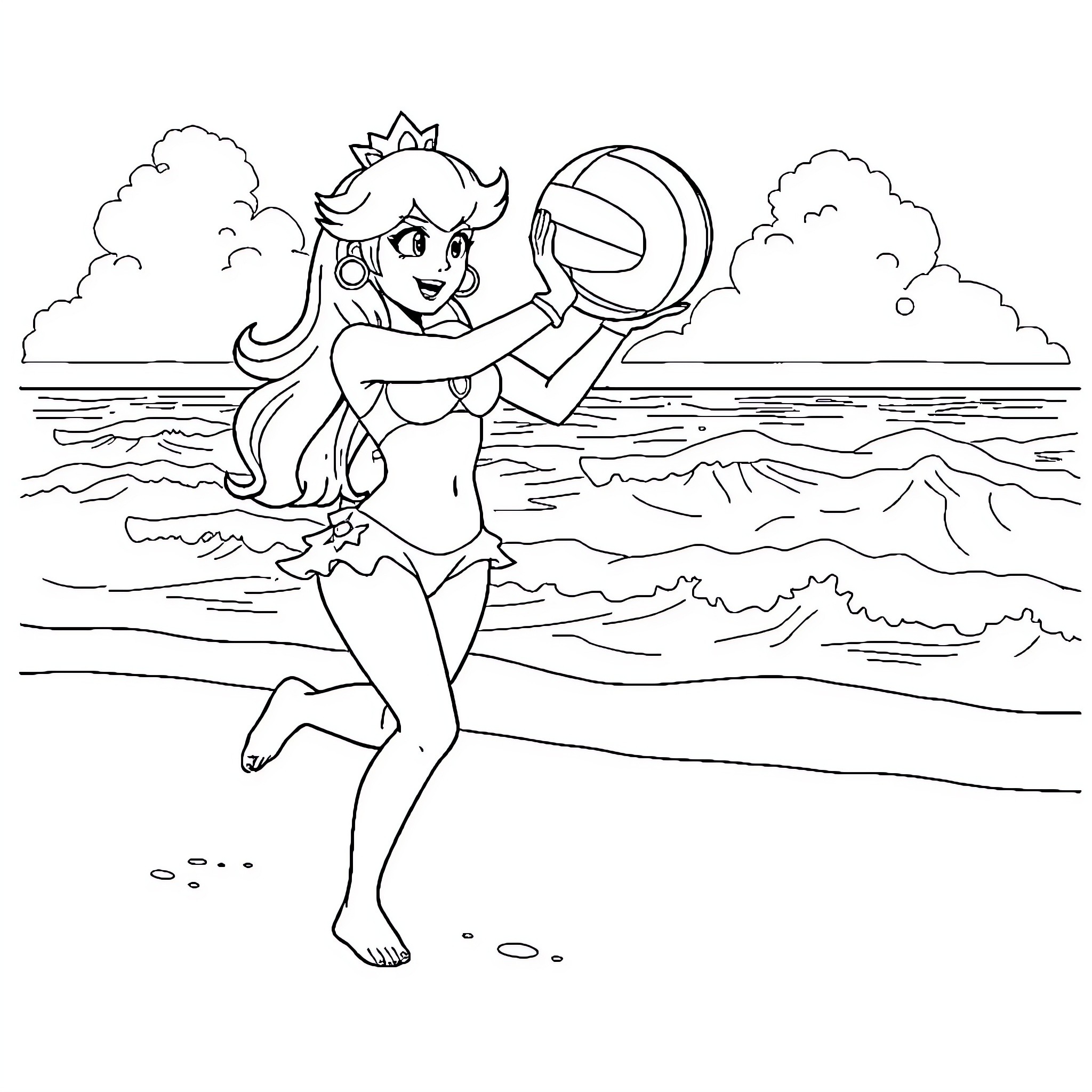 Princess playing with beach ball on the shore Coloring Page (free black-and-white line drawing printable PDF for all, from beginners to advanced learners, including children, teens, adults, and seniors)