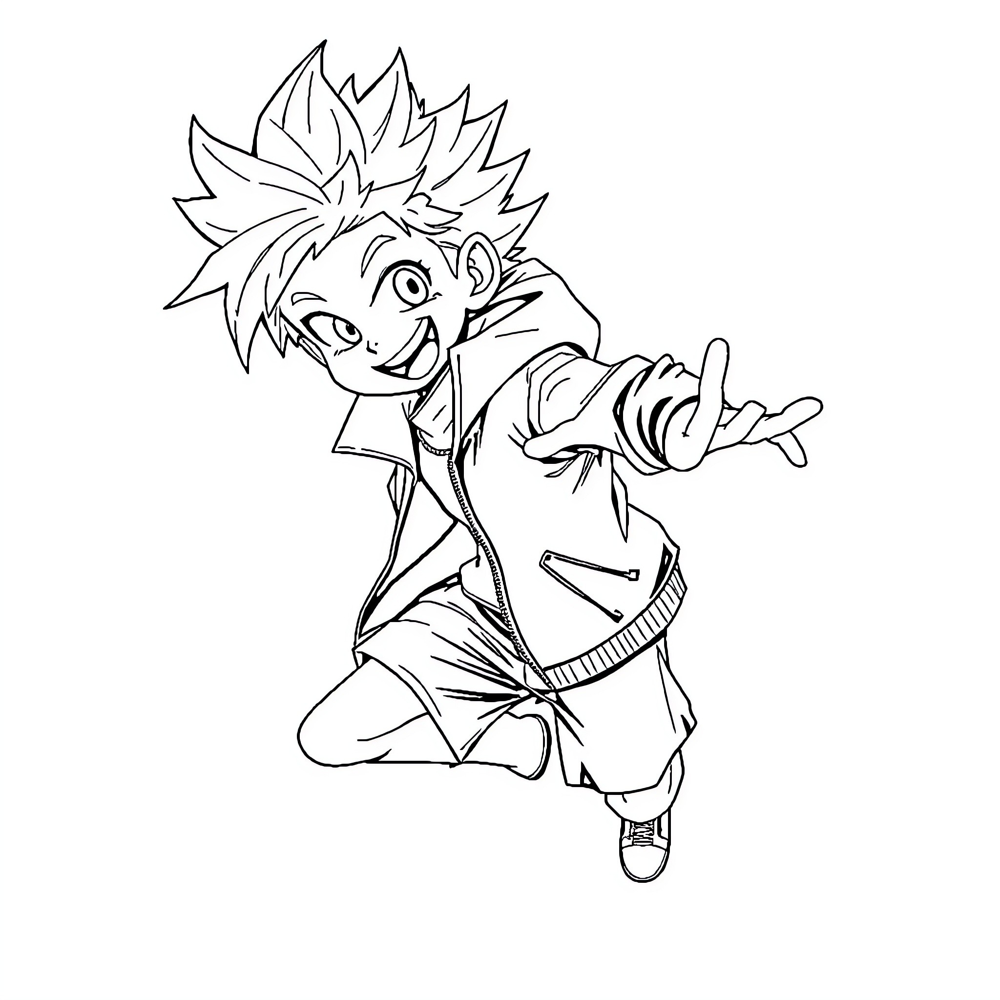 Killua's Energetic Anime Adventure Coloring Page (free black-and-white line drawing printable PDF for all, from beginners to advanced learners, including children, teens, adults, and seniors)