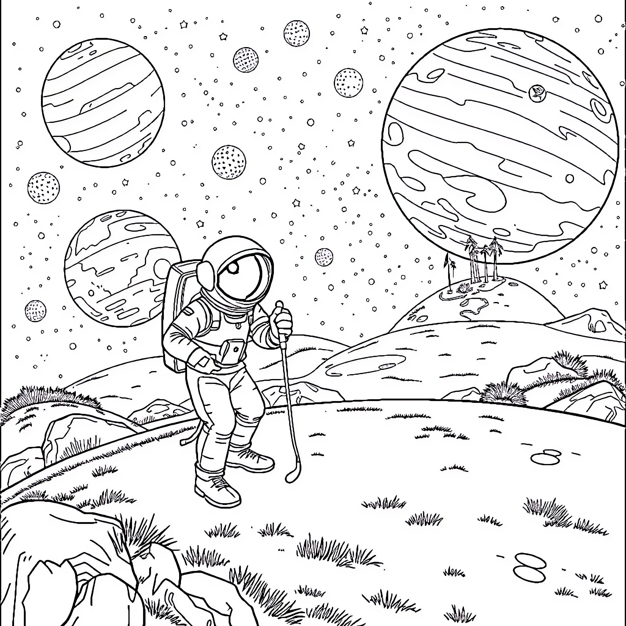 Planet Exploration by Astronaut in Space Landscape Coloring Page (free black-and-white line drawing printable PDF for all, from beginners to advanced learners, including children, teens, adults, and seniors)
