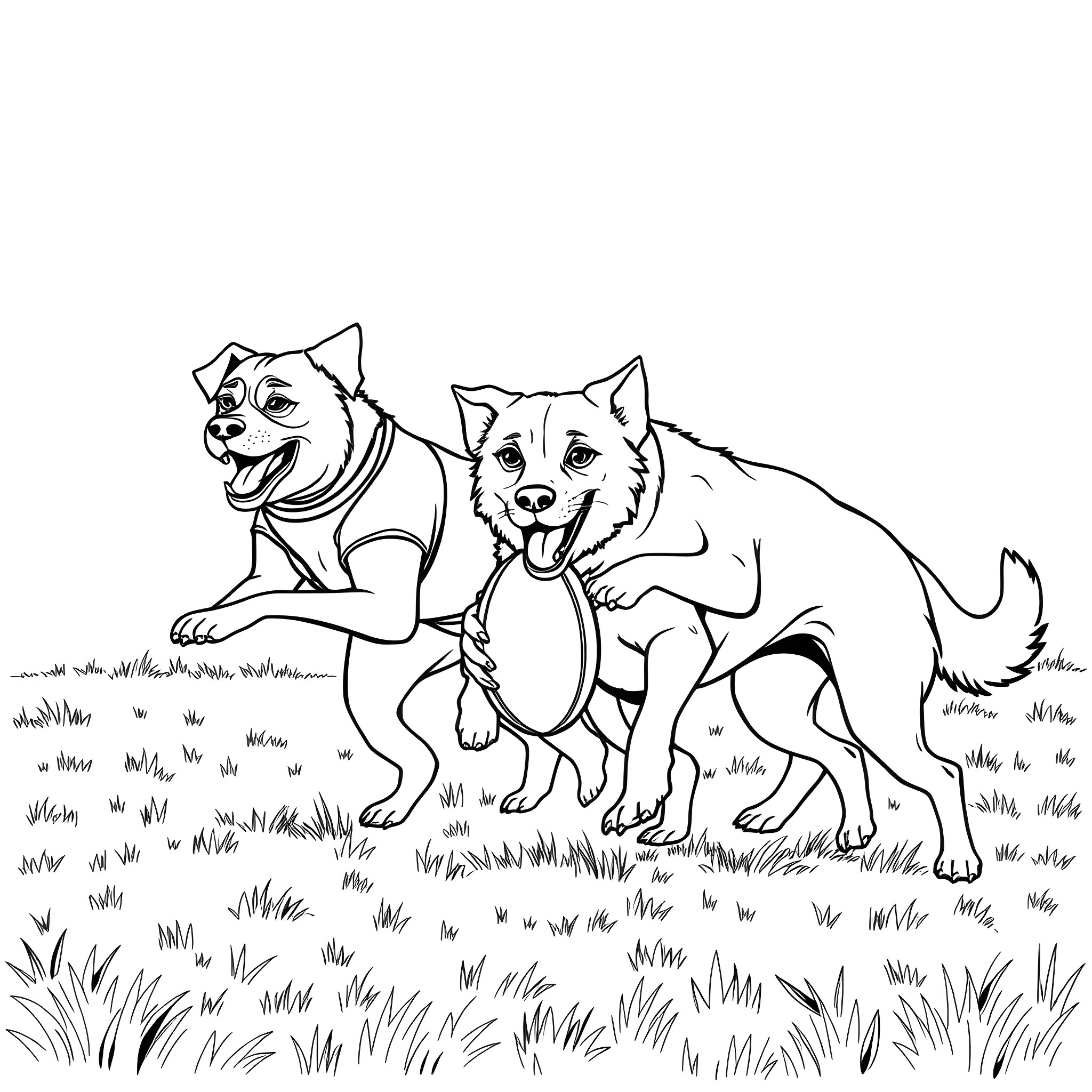 Dogs happily playing in the park Coloring Page (free black-and-white line drawing printable PDF for all, from beginners to advanced learners, including children, teens, adults, and seniors)