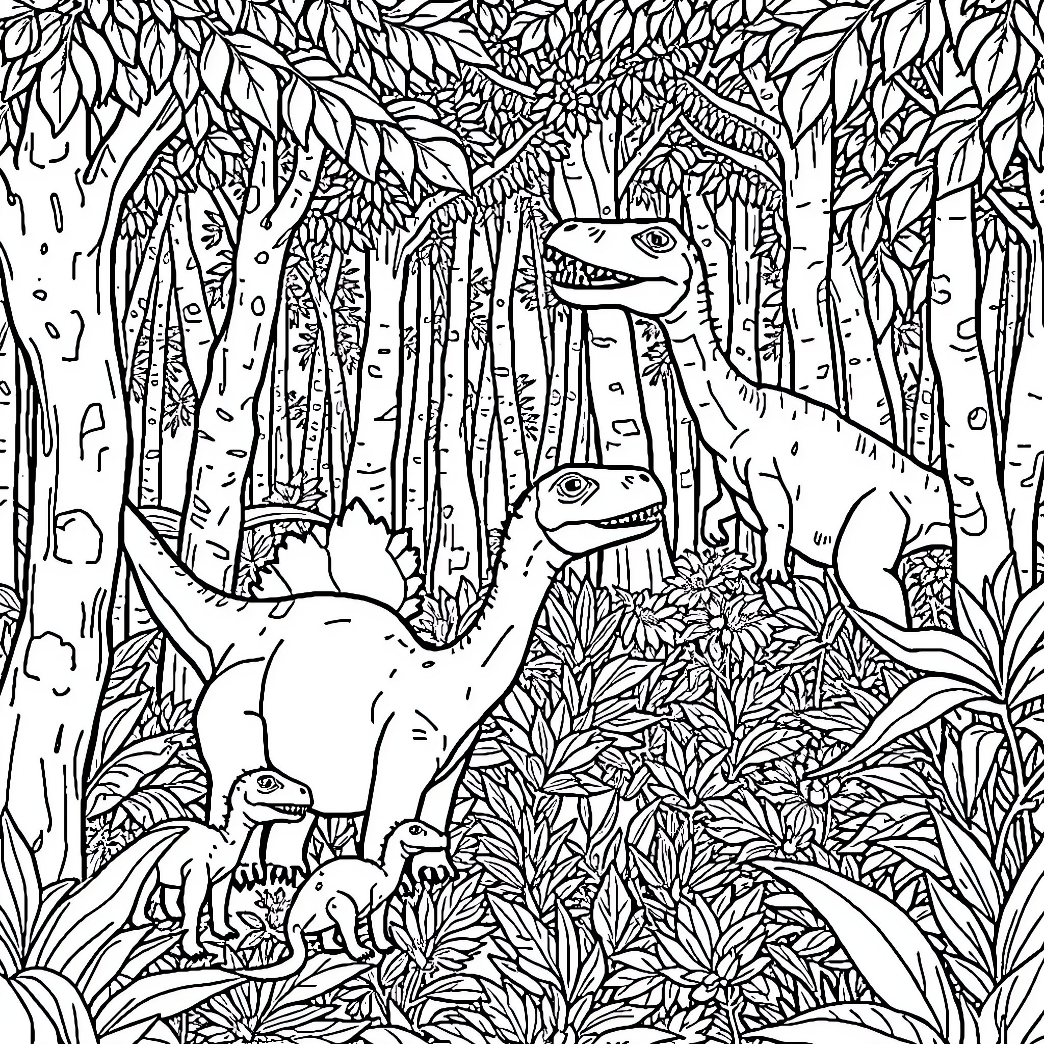 Dinosaurs exploring the lush, natural landscape Coloring Page (free black-and-white line drawing printable PDF for all, from beginners to advanced learners, including children, teens, adults, and seniors)
