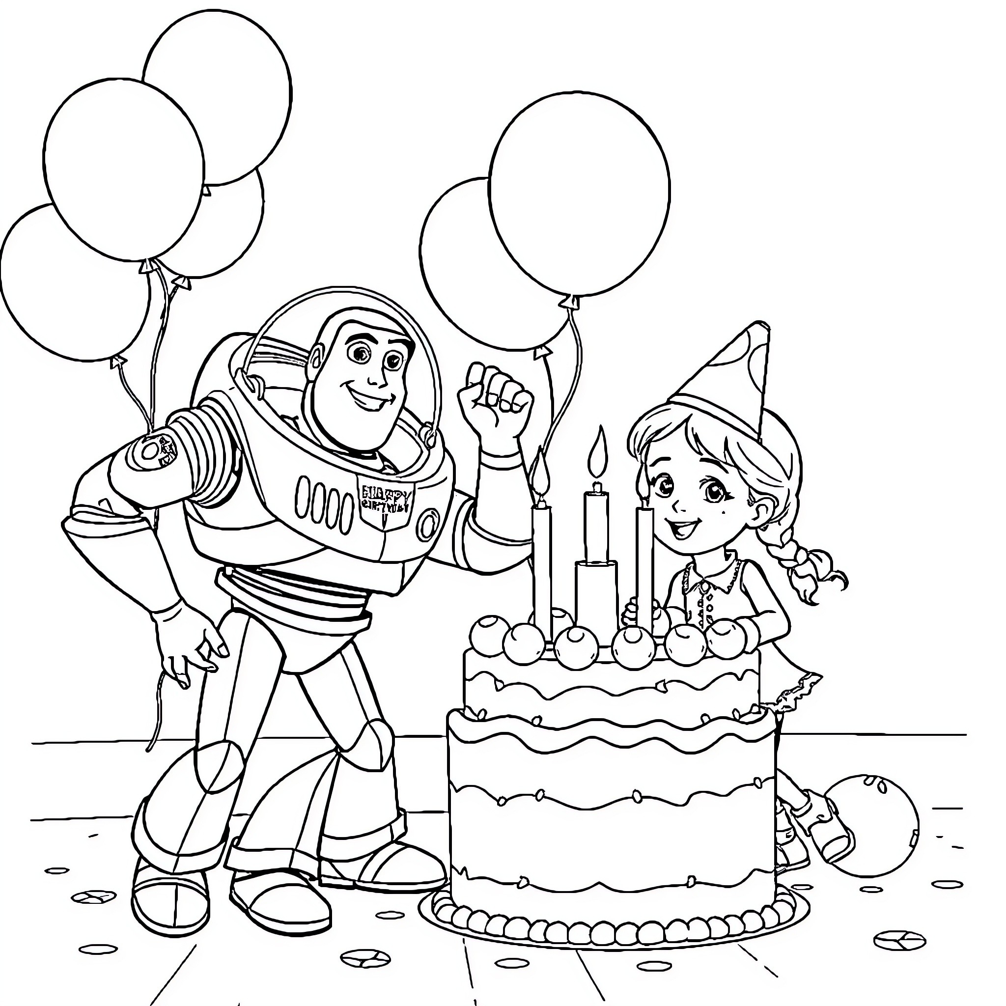 Buzz Lightyear celebrating birthday with cake and balloons Coloring Page (free black-and-white line drawing printable PDF for all, from beginners to advanced learners, including children, teens, adults, and seniors)
