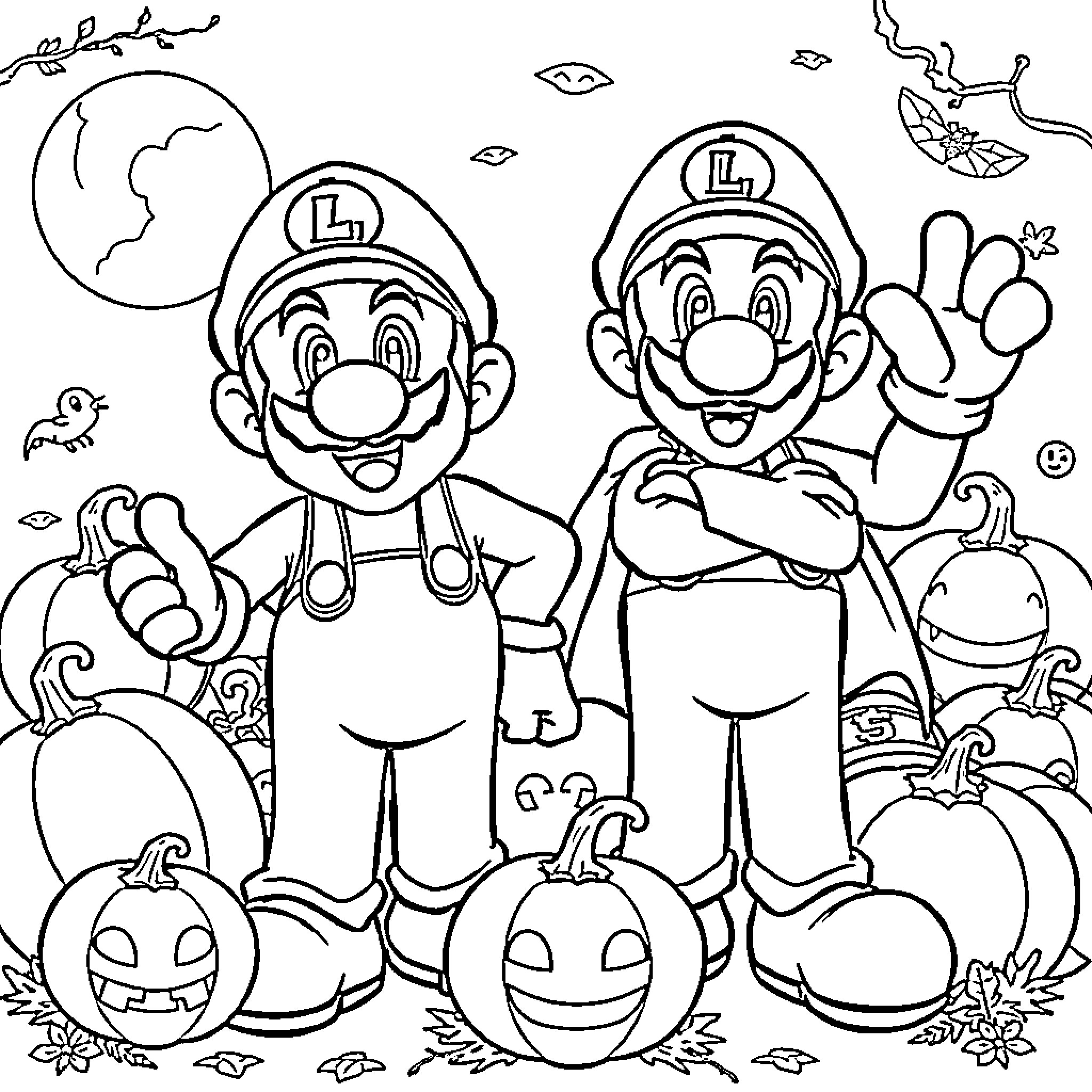 Mario Brothers Celebrate Halloween with Pumpkins Coloring Page (free black-and-white line drawing printable PDF for all, from beginners to advanced learners, including children, teens, adults, and seniors)