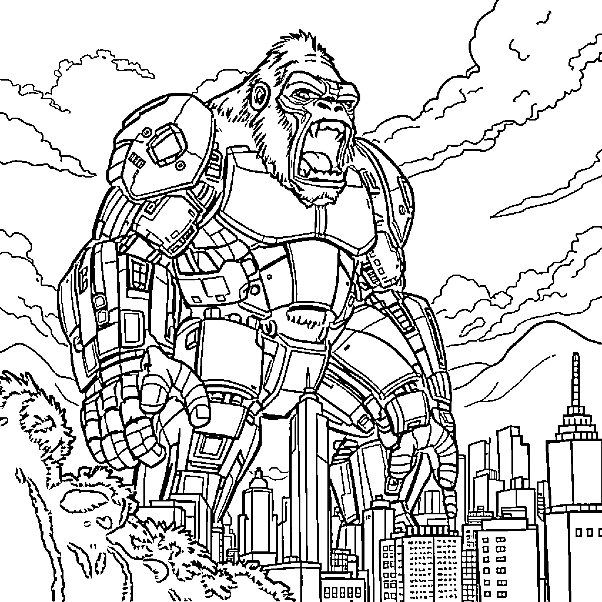 Mecha King Kong destroying the city skyline Coloring Page (free black-and-white line drawing printable PDF for all, from beginners to advanced learners, including children, teens, adults, and seniors)