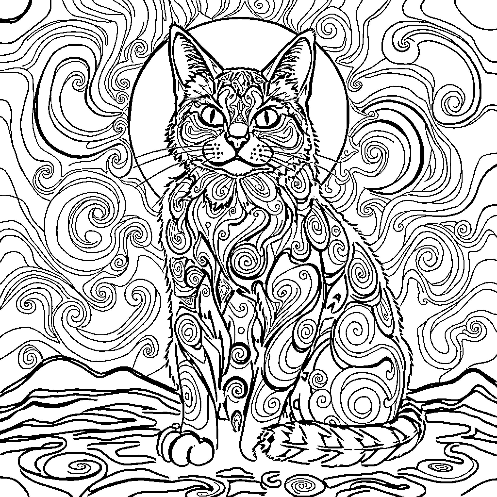 Cat with intricate floral pattern Coloring Page (free black-and-white line drawing printable PDF for all, from beginners to advanced learners, including children, teens, adults, and seniors)