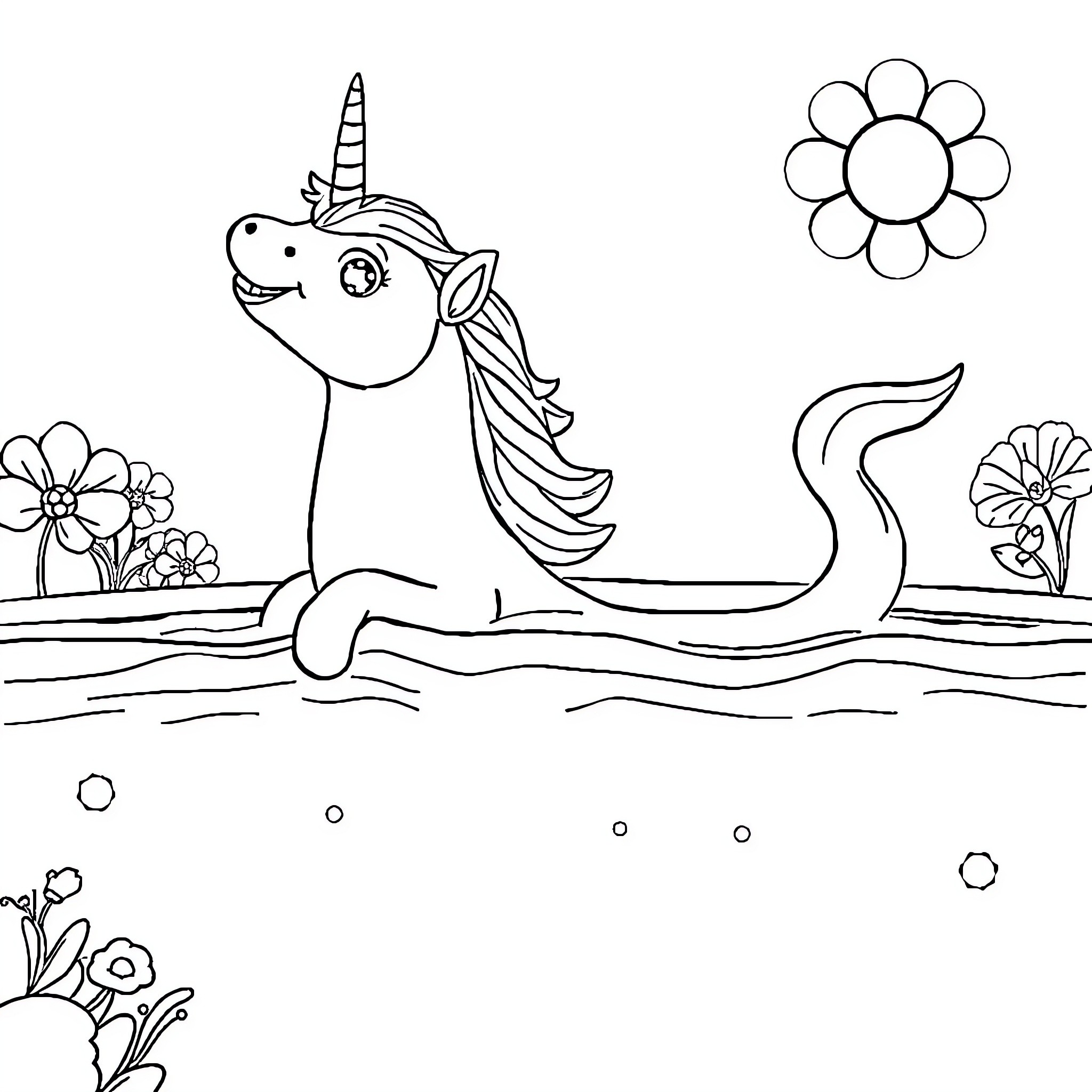 Unicorn swimming happily in a flowery pond Coloring Page (free black-and-white line drawing printable PDF for all, from beginners to advanced learners, including children, teens, adults, and seniors)