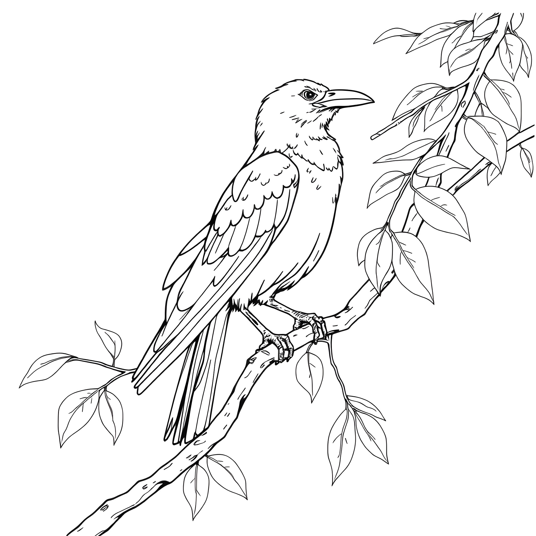 Crow perched on leafy branch Coloring Page (free black-and-white line drawing printable PDF for all, from beginners to advanced learners, including children, teens, adults, and seniors)