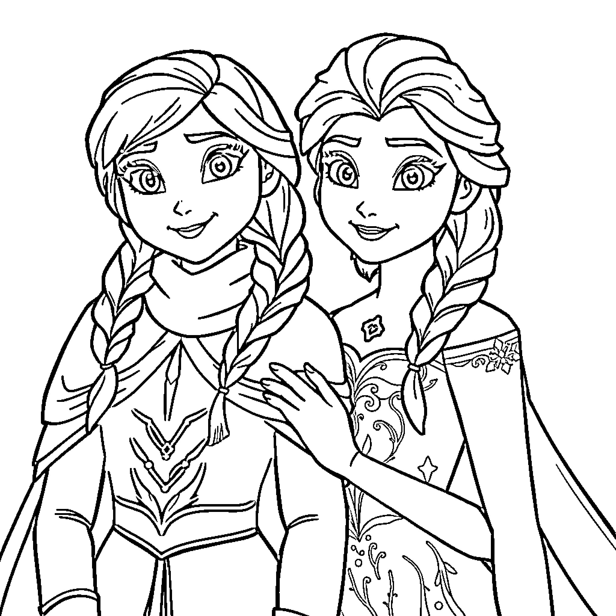 Ana y Elsa: Sisters Sharing a Moment of Joy Coloring Page (free black-and-white line drawing printable PDF for all, from beginners to advanced learners, including children, teens, adults, and seniors)
