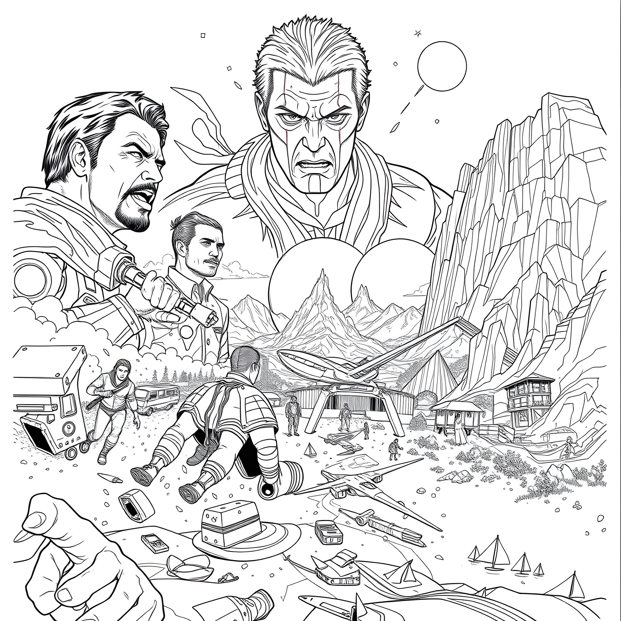 Trailer for an epic sci-fi action adventure Coloring Page (free black-and-white line drawing printable PDF for all, from beginners to advanced learners, including children, teens, adults, and seniors)