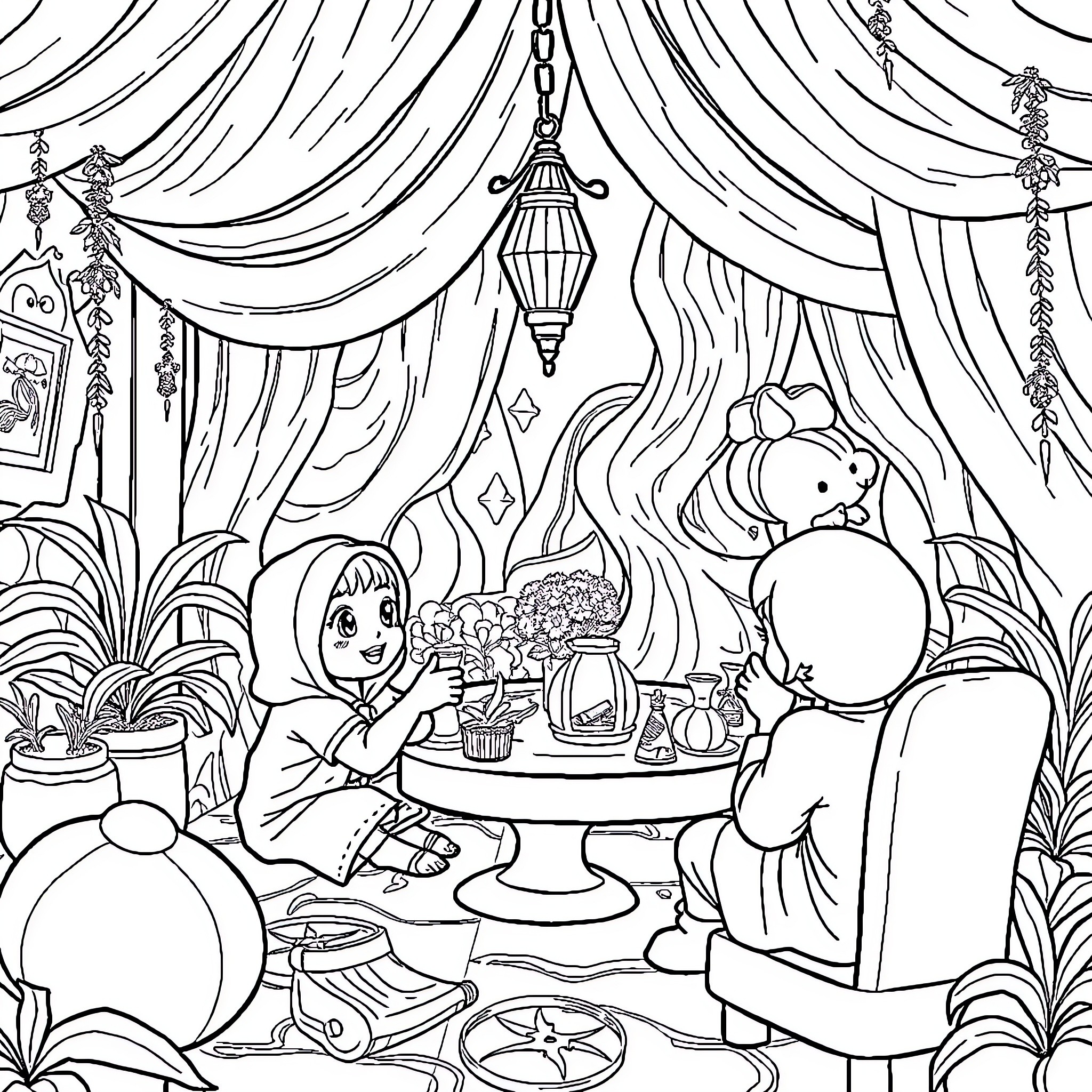 Pemuda Enjoying Colorful Celebration in Ornate Room Coloring Page (free black-and-white line drawing printable PDF for all, from beginners to advanced learners, including children, teens, adults, and seniors)