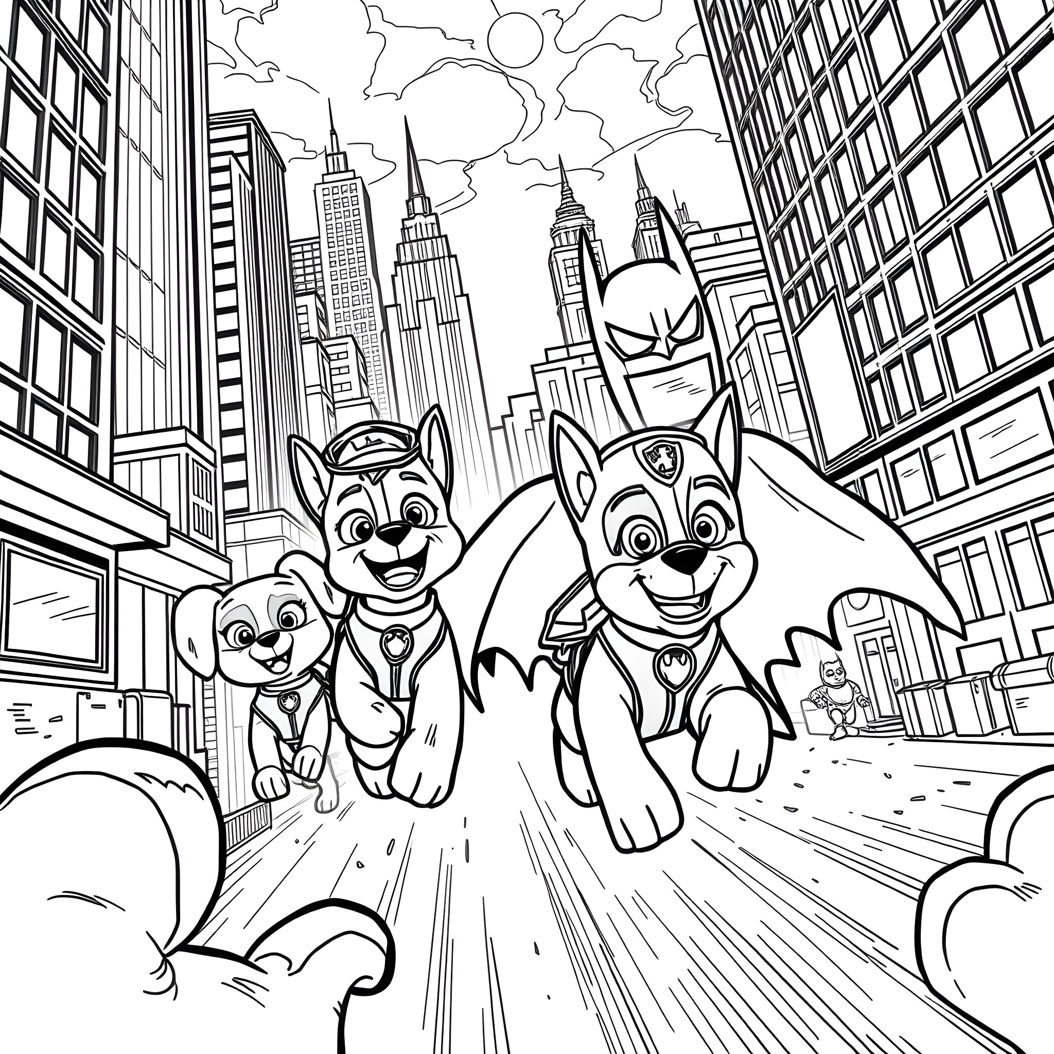 Paw Patrol heroes saving the city Coloring Page (free black-and-white line drawing printable PDF for all, from beginners to advanced learners, including children, teens, adults, and seniors)