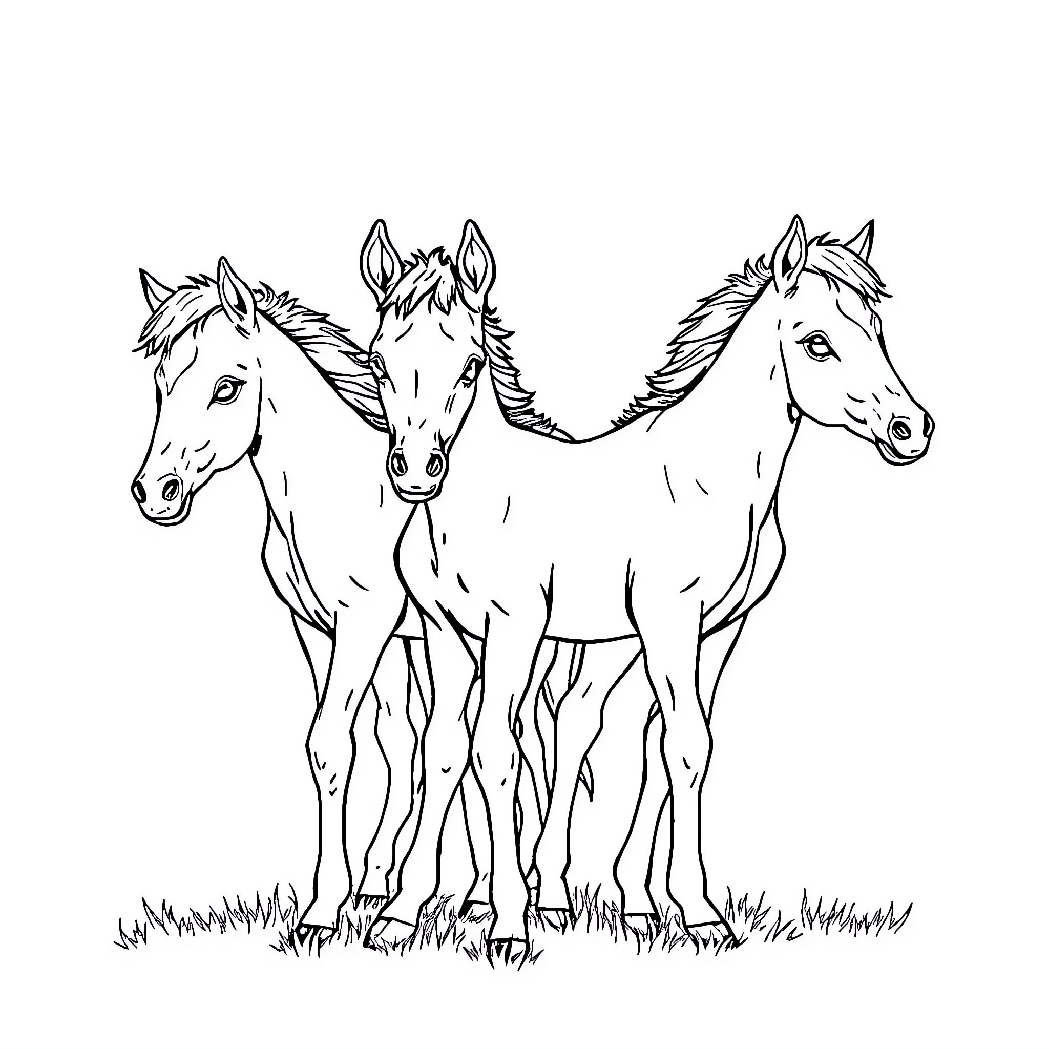 Poulain trio of horses grazing in field Coloring Page (free black-and-white line drawing printable PDF for all, from beginners to advanced learners, including children, teens, adults, and seniors)