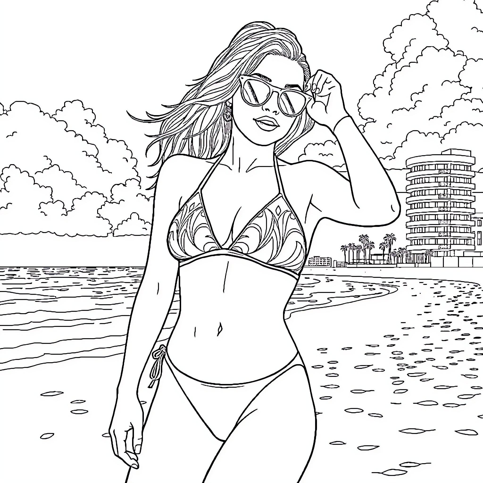 Girl posing confidently on the beach Coloring Page (free black-and-white line drawing printable PDF for all, from beginners to advanced learners, including children, teens, adults, and seniors)